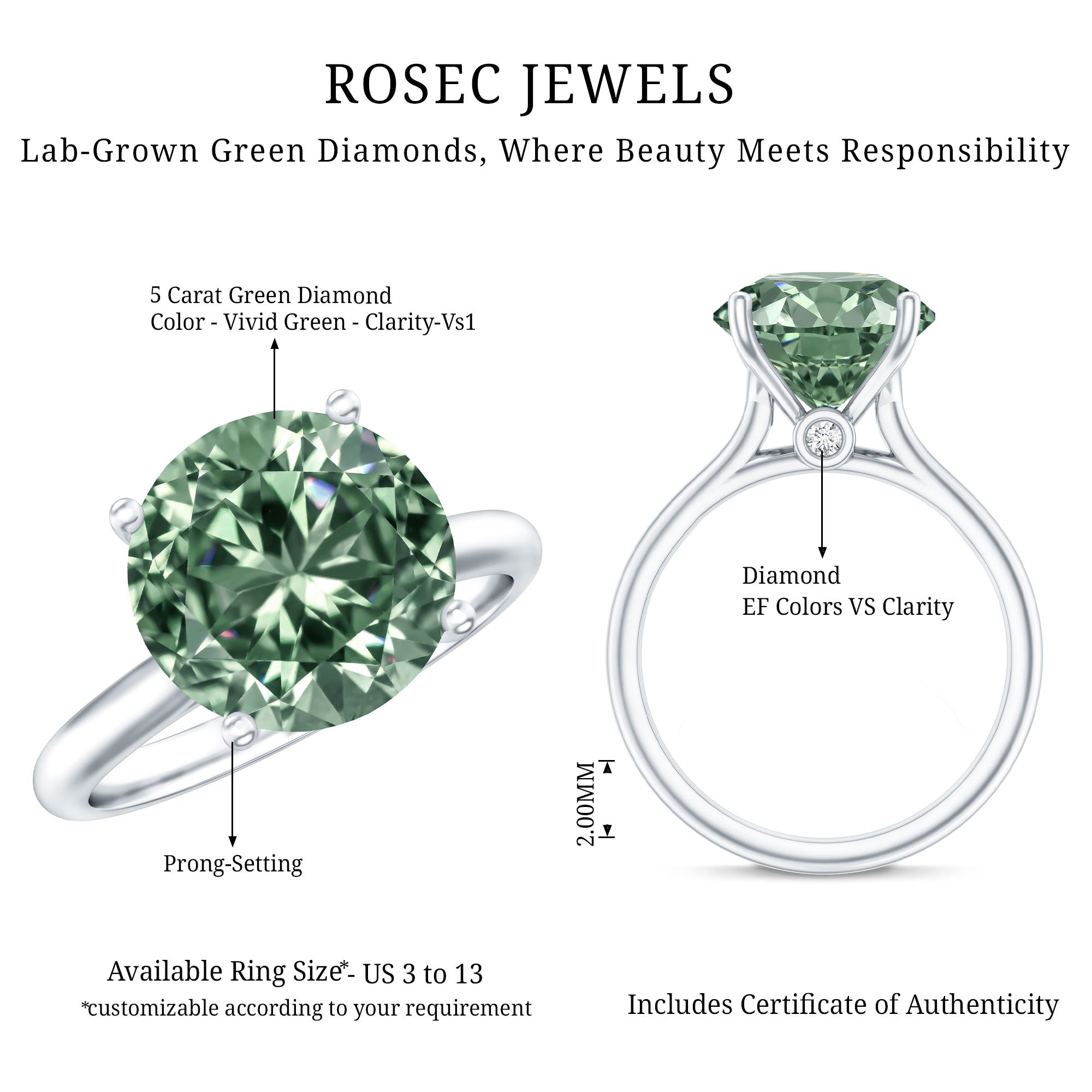 Rosec Jewels-IGI Certified Huge Lab Grown Green Diamond Solitaire Engagement Ring 5 Carat