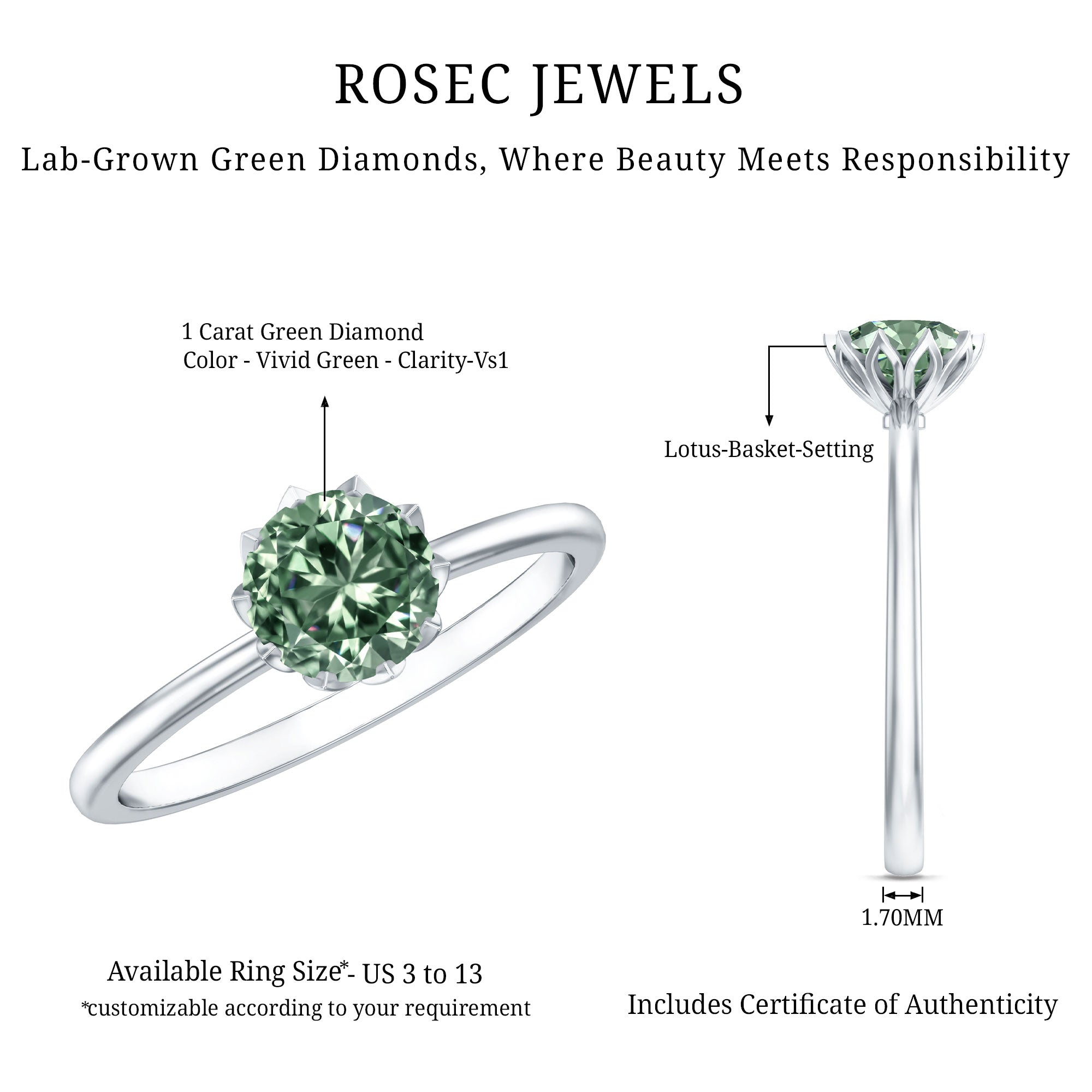 Rosec Jewels-1 Carat Lab Grown Green Diamond Lotus Basket Engagement Ring with IGI Certificate