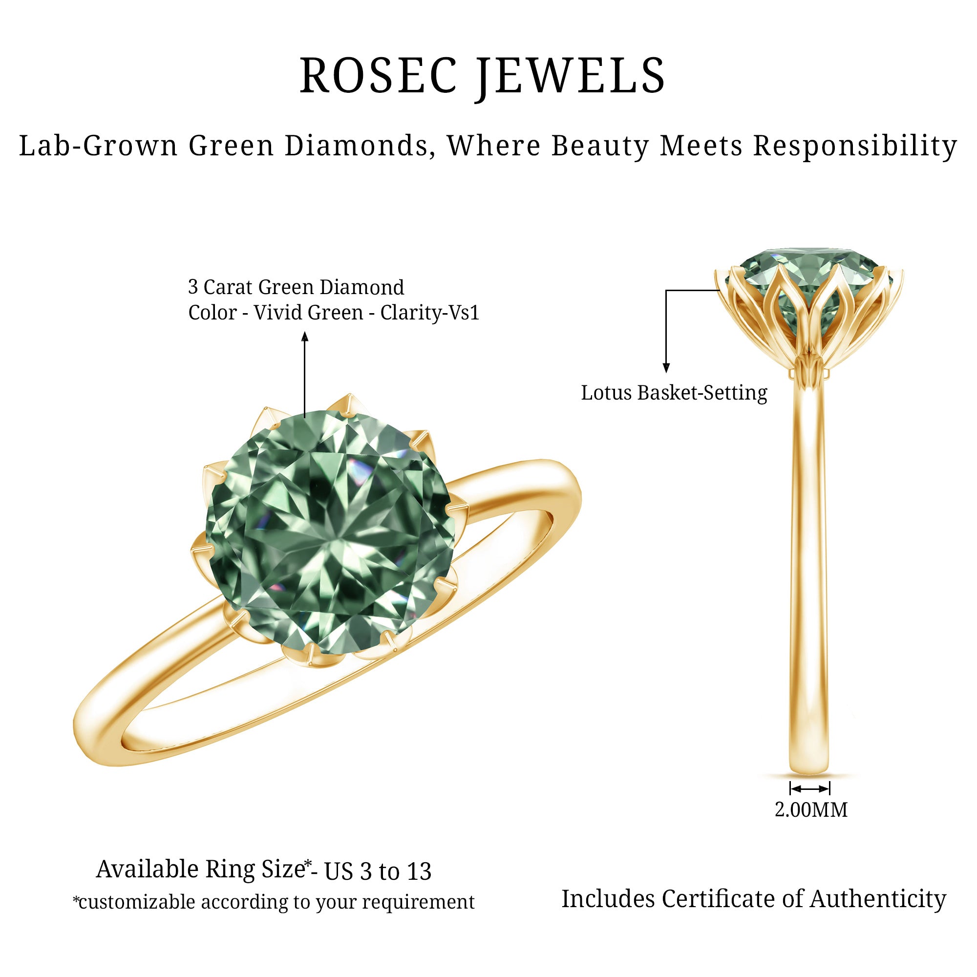 Rosec Jewels-IGI Certified 3 Carat Lab Grown Green Diamond Solitaire Engagement Ring in Lotus Basket Setting