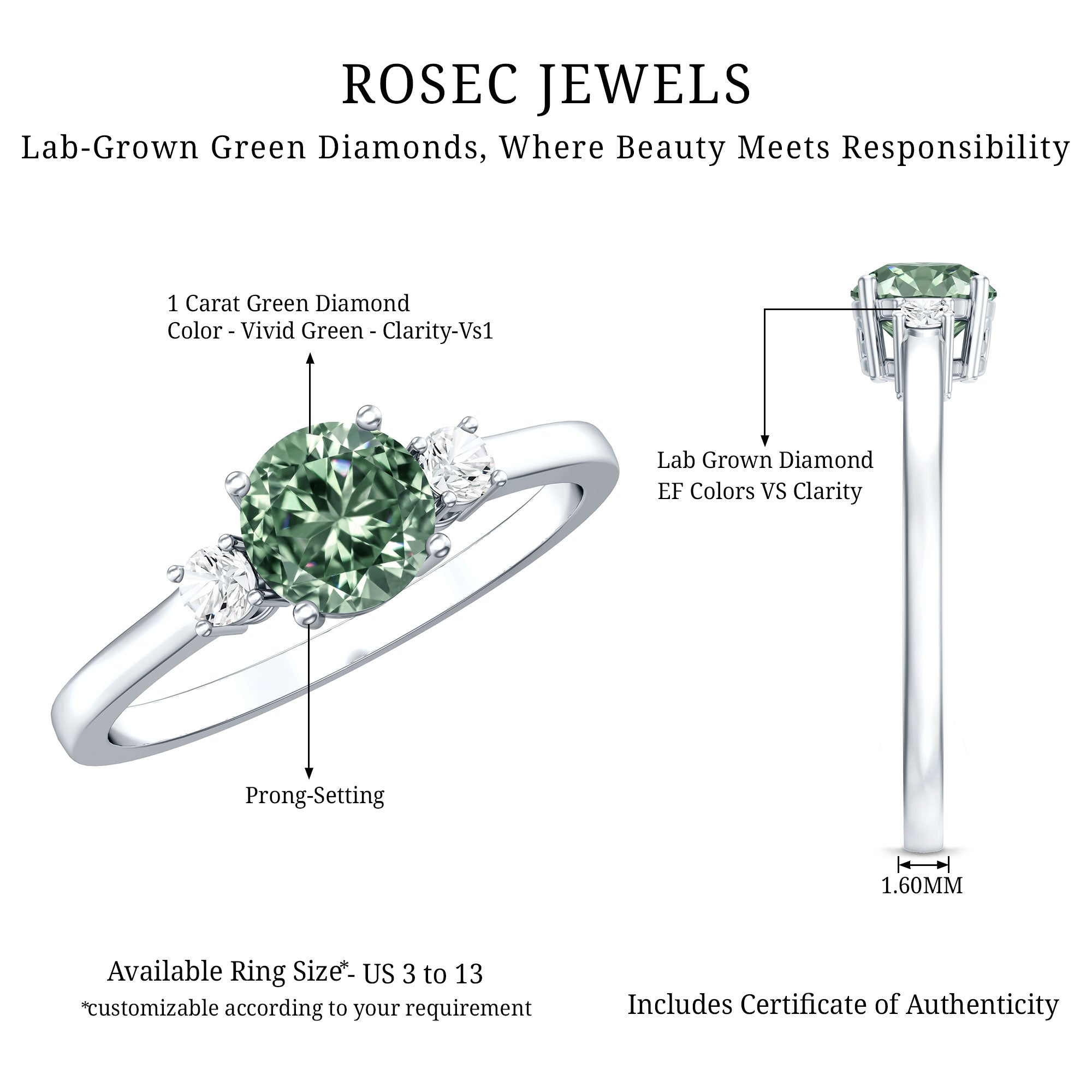 1 Carat IGI Certified Lab Grown Green and White Diamond Three Stone Engagement Ring Vivid Green - VS1 - Rosec Jewels