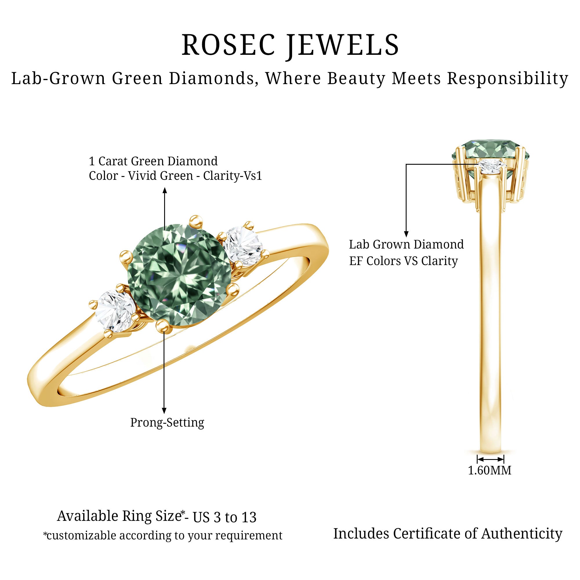 1 Carat IGI Certified Lab Grown Green and White Diamond Three Stone Engagement Ring Vivid Green - VS1 - Rosec Jewels