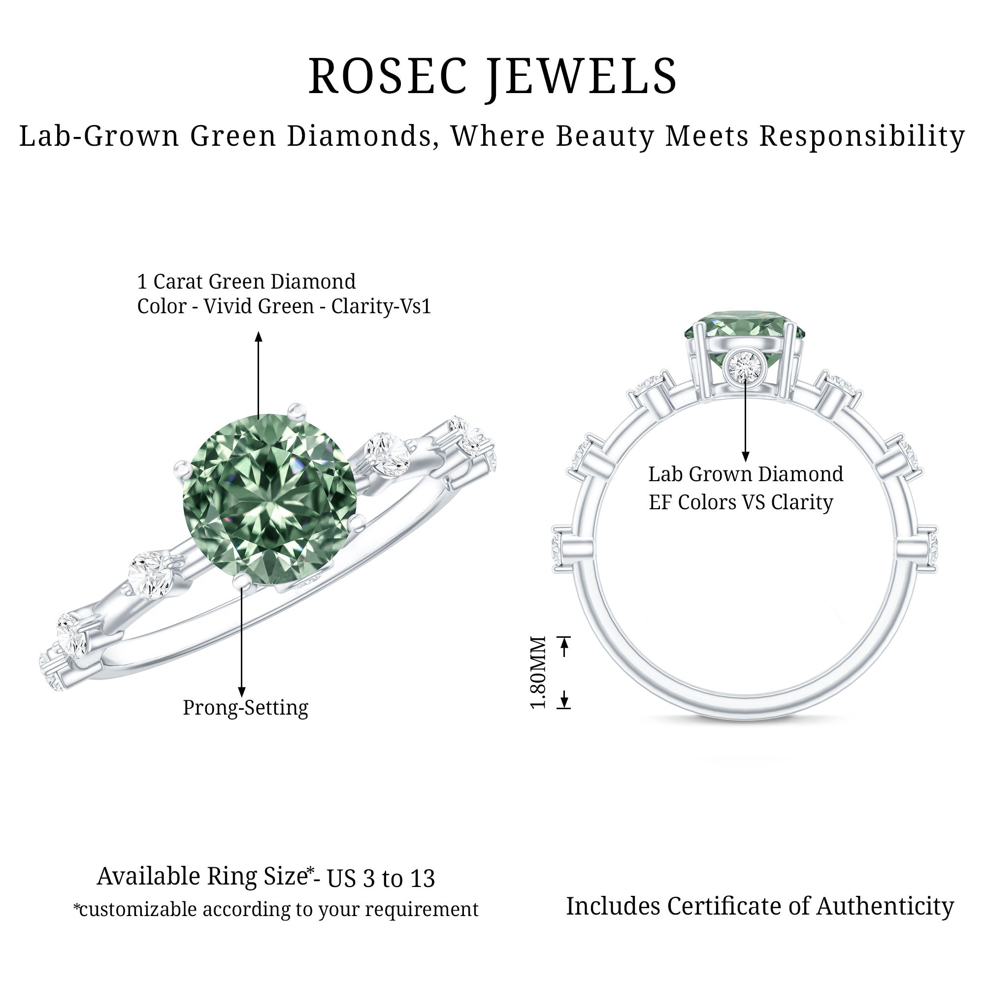 1 Carat Lab Grown Green Diamond Solitaire Engagement Ring IGI Certified Vivid Green - VS1 - Rosec Jewels