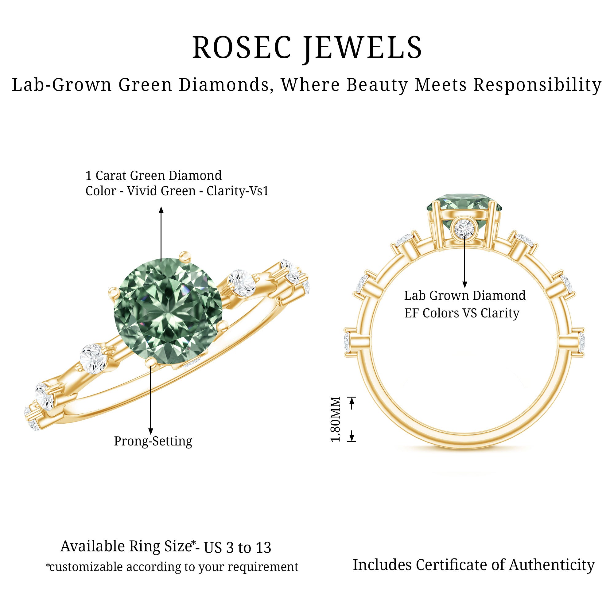 1 Carat Lab Grown Green Diamond Solitaire Engagement Ring IGI Certified Vivid Green - VS1 - Rosec Jewels