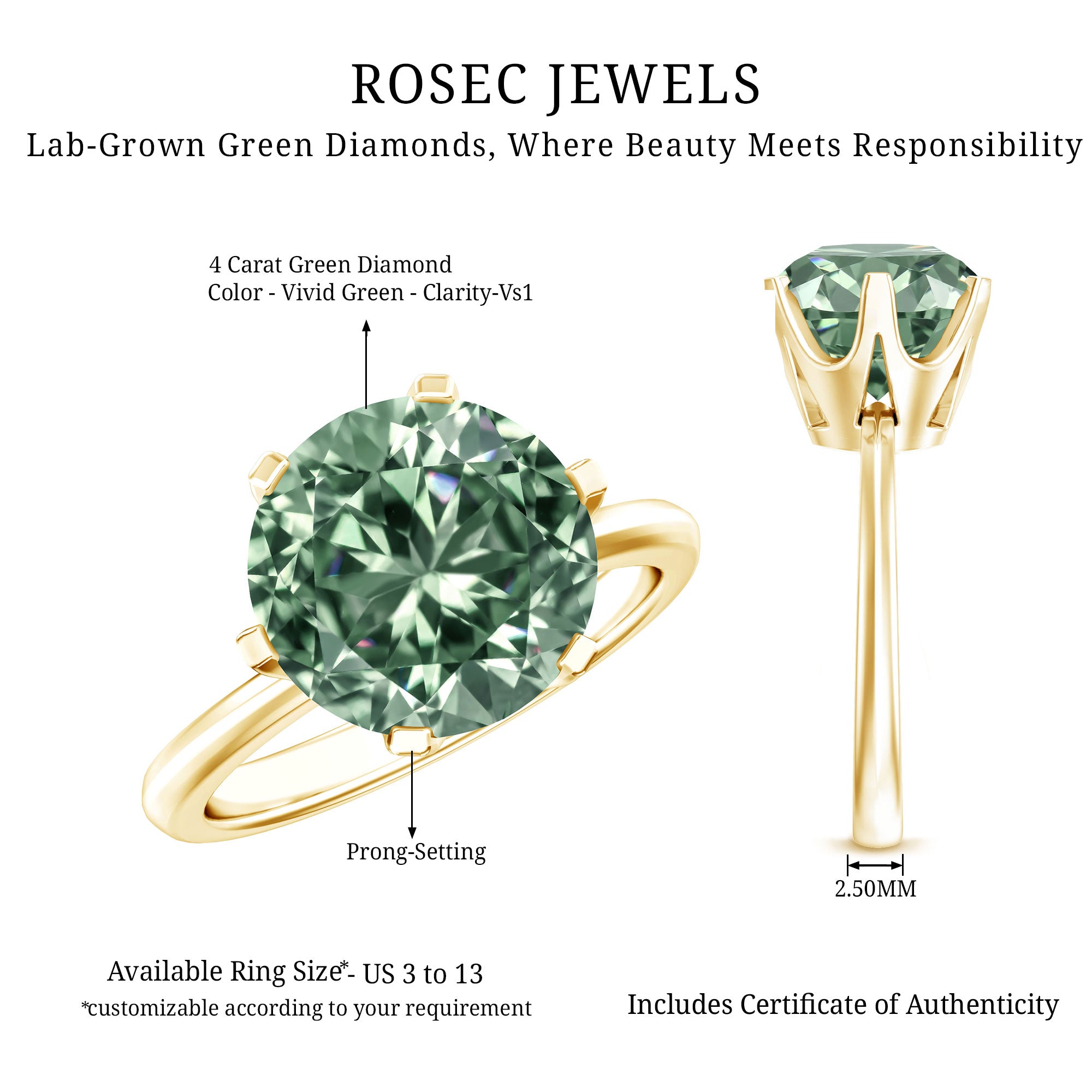 Rosec Jewels-IGI Certified Solitaire Lab Grown Green Diamond Big Engagement Ring 4 Carat