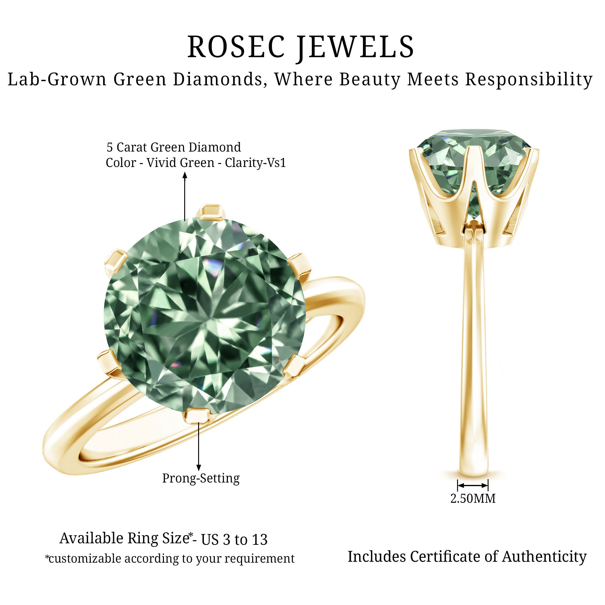 Rosec Jewels-Large 5 Carat Lab Grown Green Diamond Engagement Ring with IGI Certificate