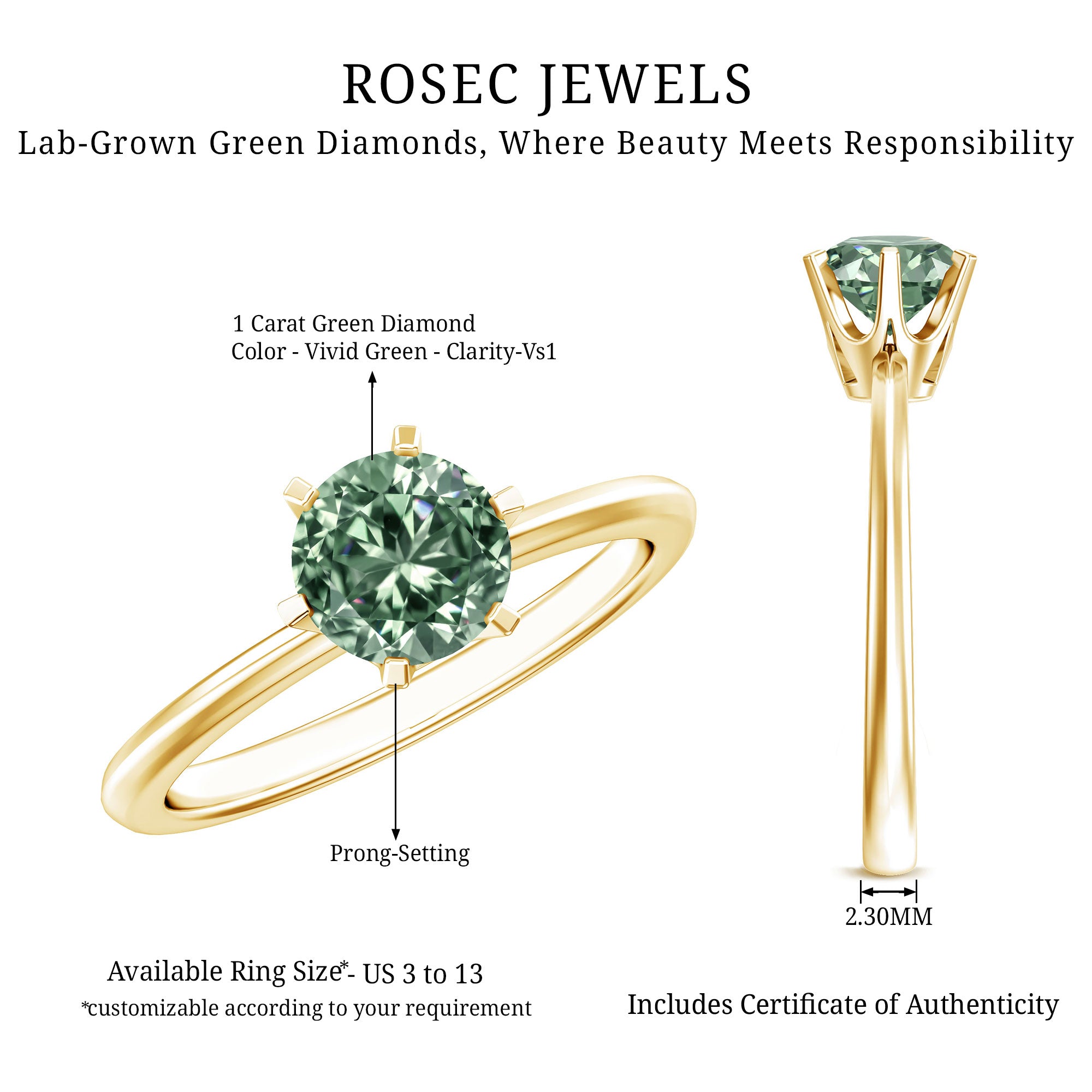Rosec Jewels-Lab Grown Green Diamond 1 Carat Solitaire Ring with IGI Certificate