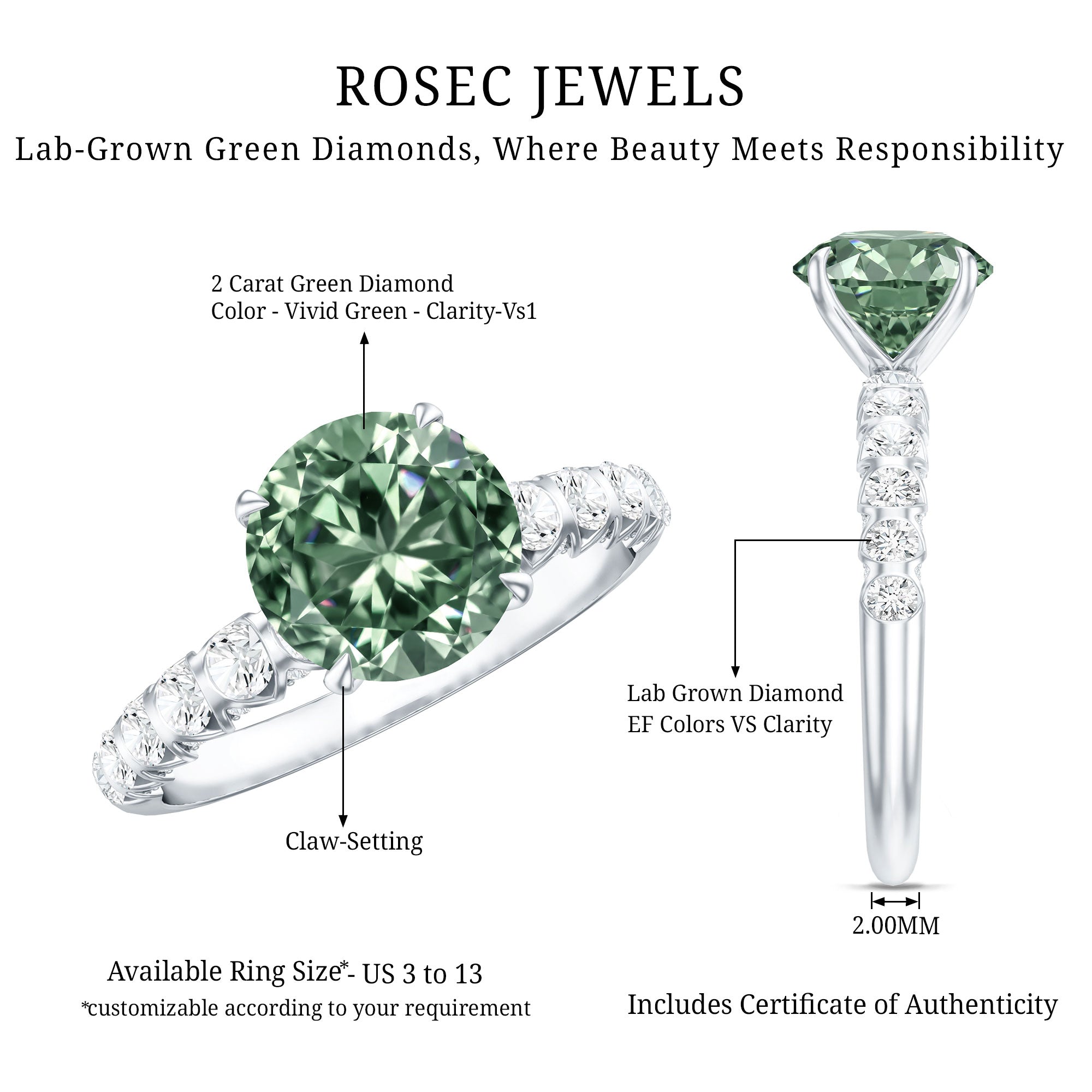 Round 2 Carat Lab Grown Green and White Diamond Engagement Ring with IGI Certificate Vivid Green - VS1 - Rosec Jewels