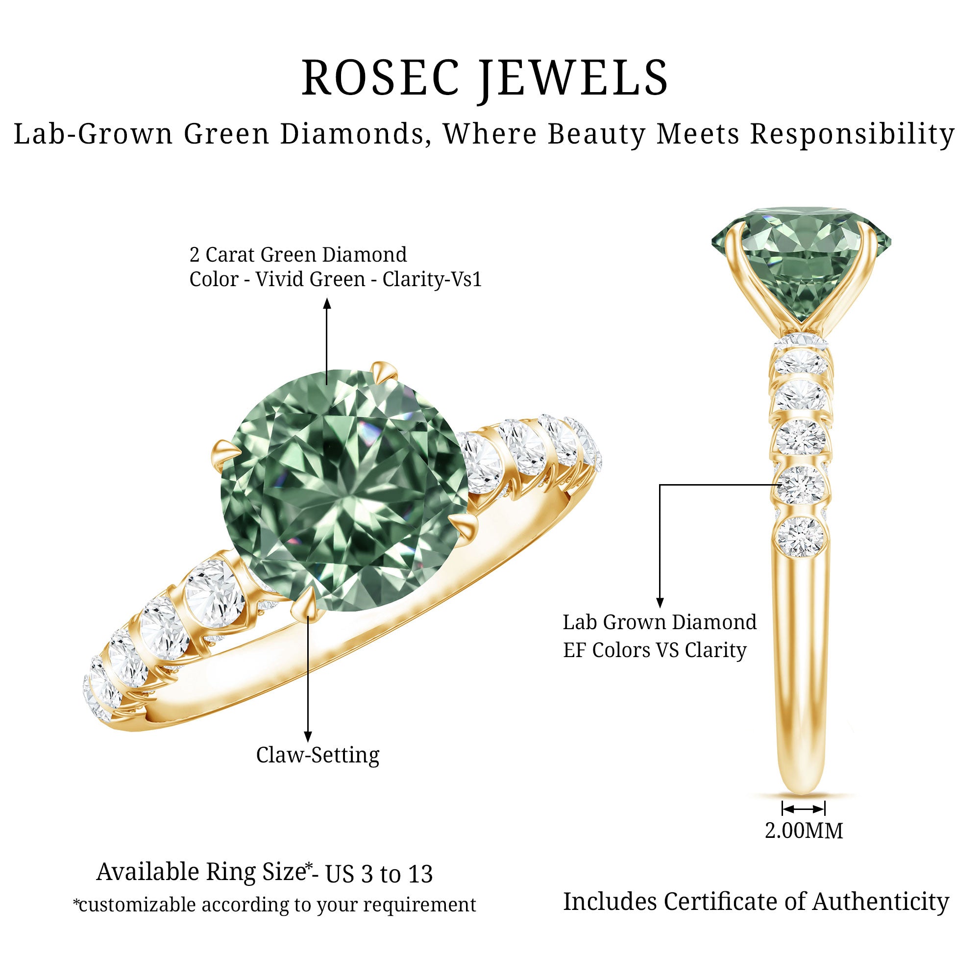 Round 2 Carat Lab Grown Green and White Diamond Engagement Ring with IGI Certificate Vivid Green - VS1 - Rosec Jewels