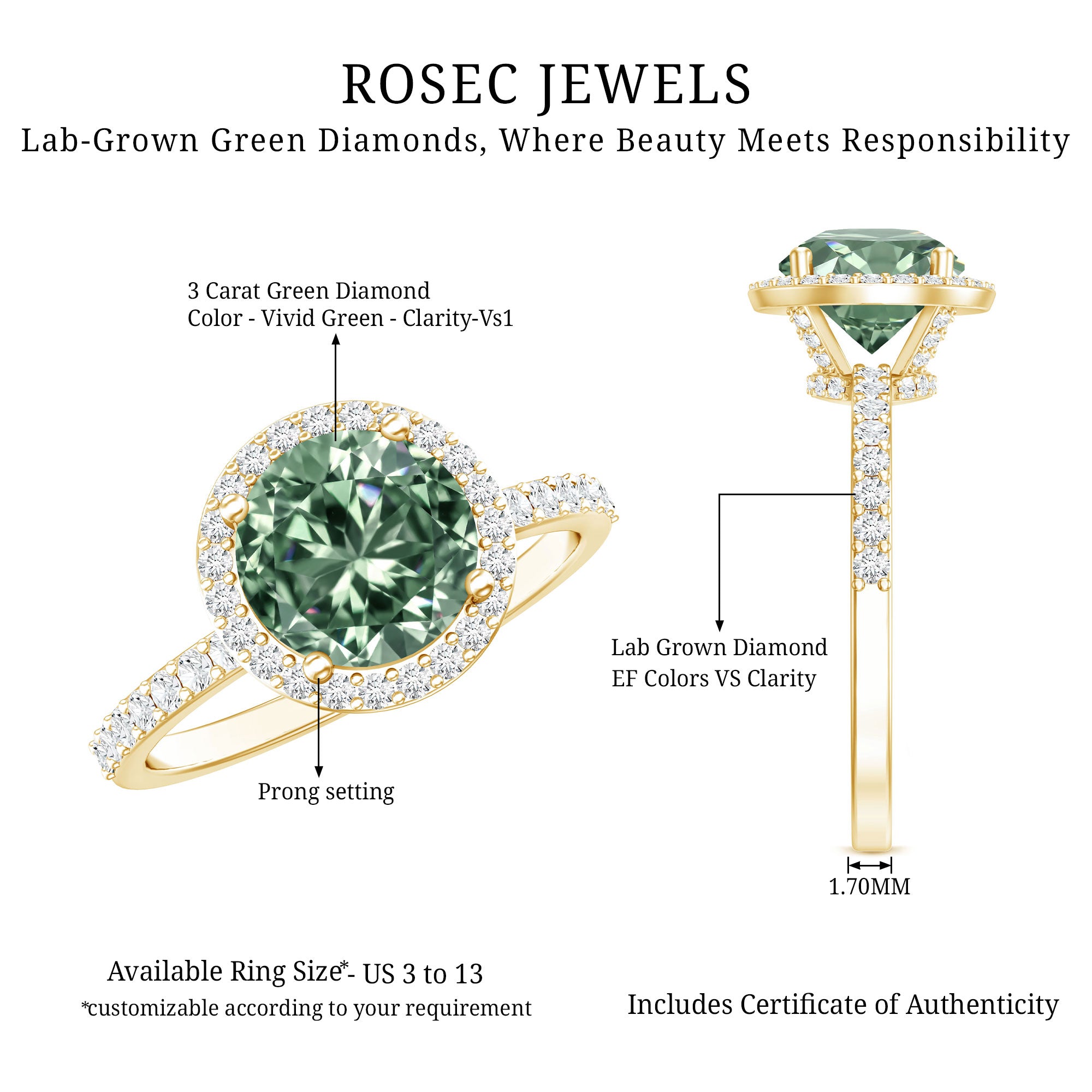 IGI Certified Lab 3 Carat Green Diamond Engagement Ring with Halo Vivid Green - VS1 - Rosec Jewels