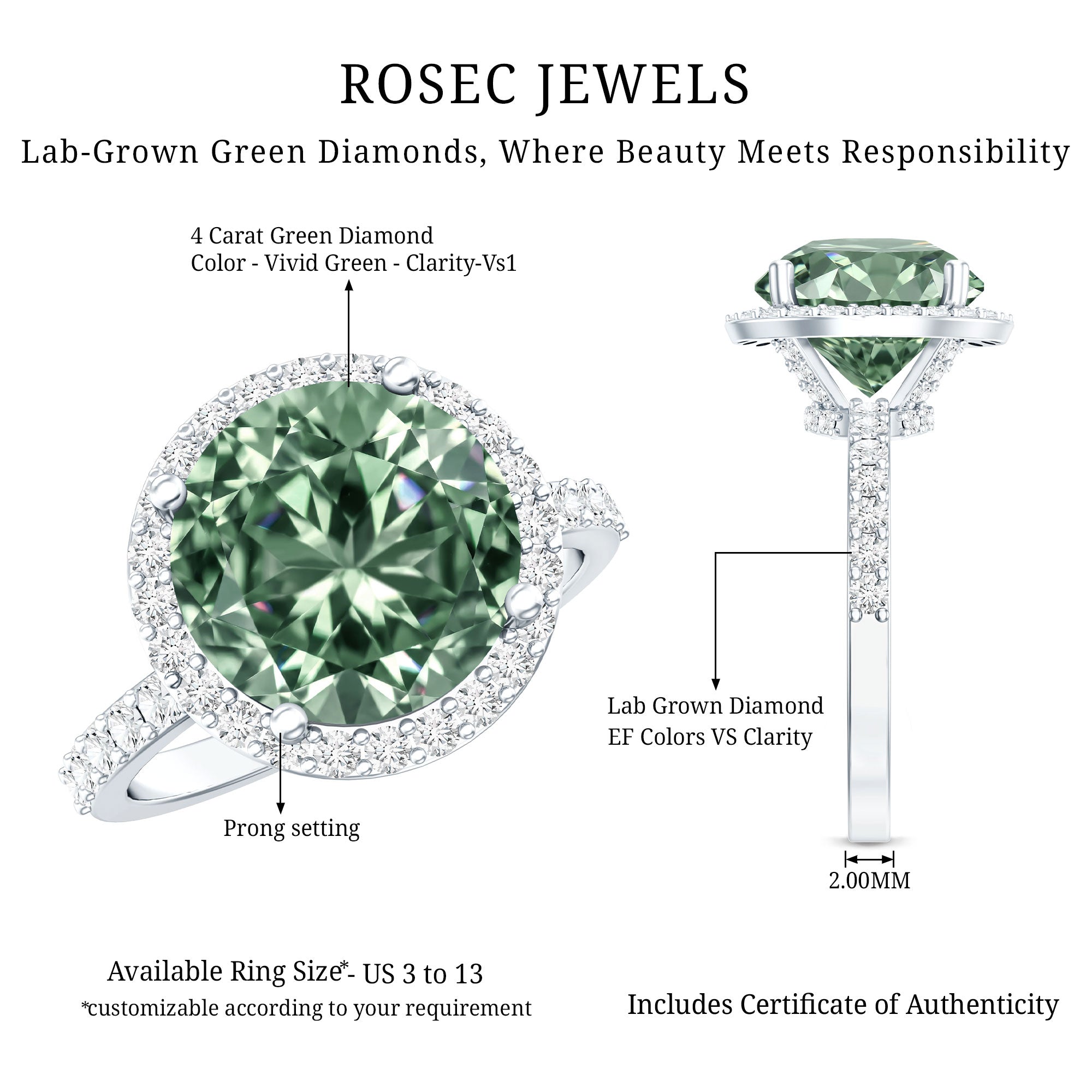 IGI Certified Lab Created Green Diamond Halo Engagement Ring 4 Carat Vivid Green - VS1 - Rosec Jewels