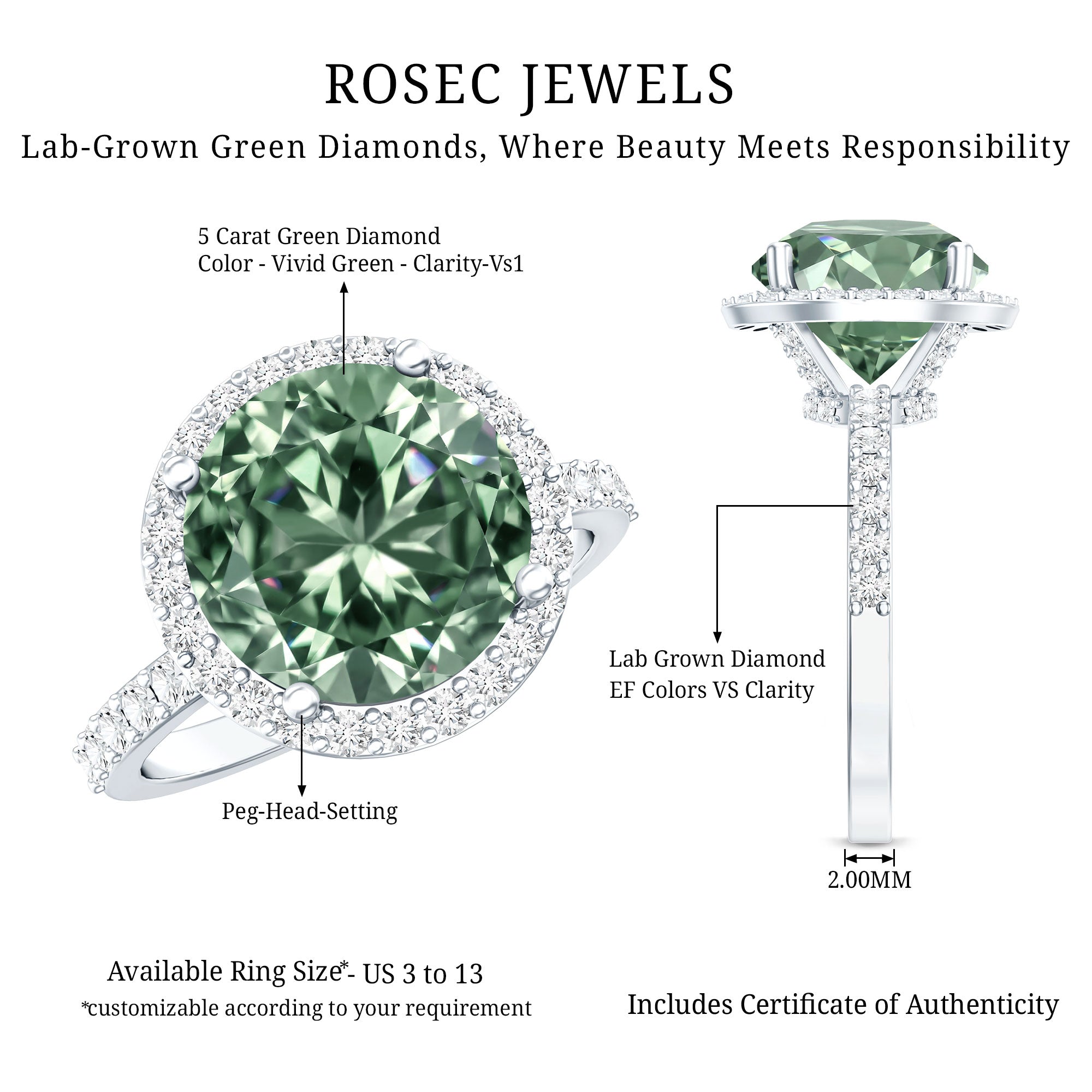 5 Carat Lab Grown Green and White Diamond Huge Engagement Ring with IGI Certificate Vivid Green - VS1 - Rosec Jewels