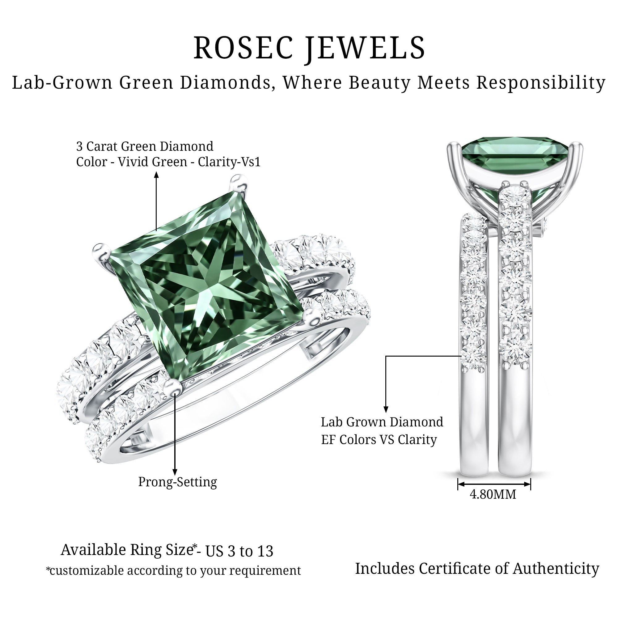 Princess Cut 3 Carat Lab Grown Green Diamond Engagement Ring with Wedding Band IGI Certified Vivid Green - VS1 - Rosec Jewels