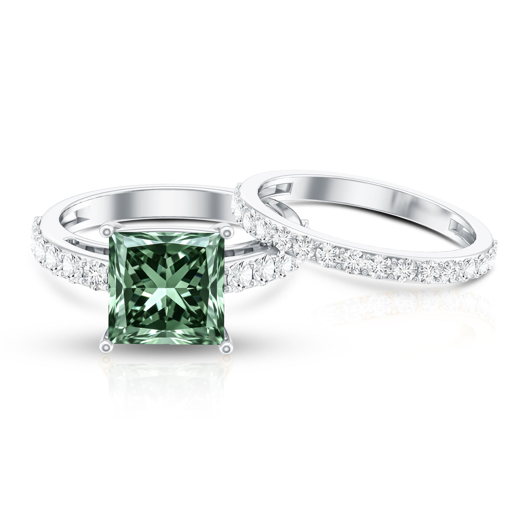 4 Carat Lab Grown Green Diamond Princess Cut Wedding Ring Set IGI Certified Vivid Green - VS1 - Rosec Jewels
