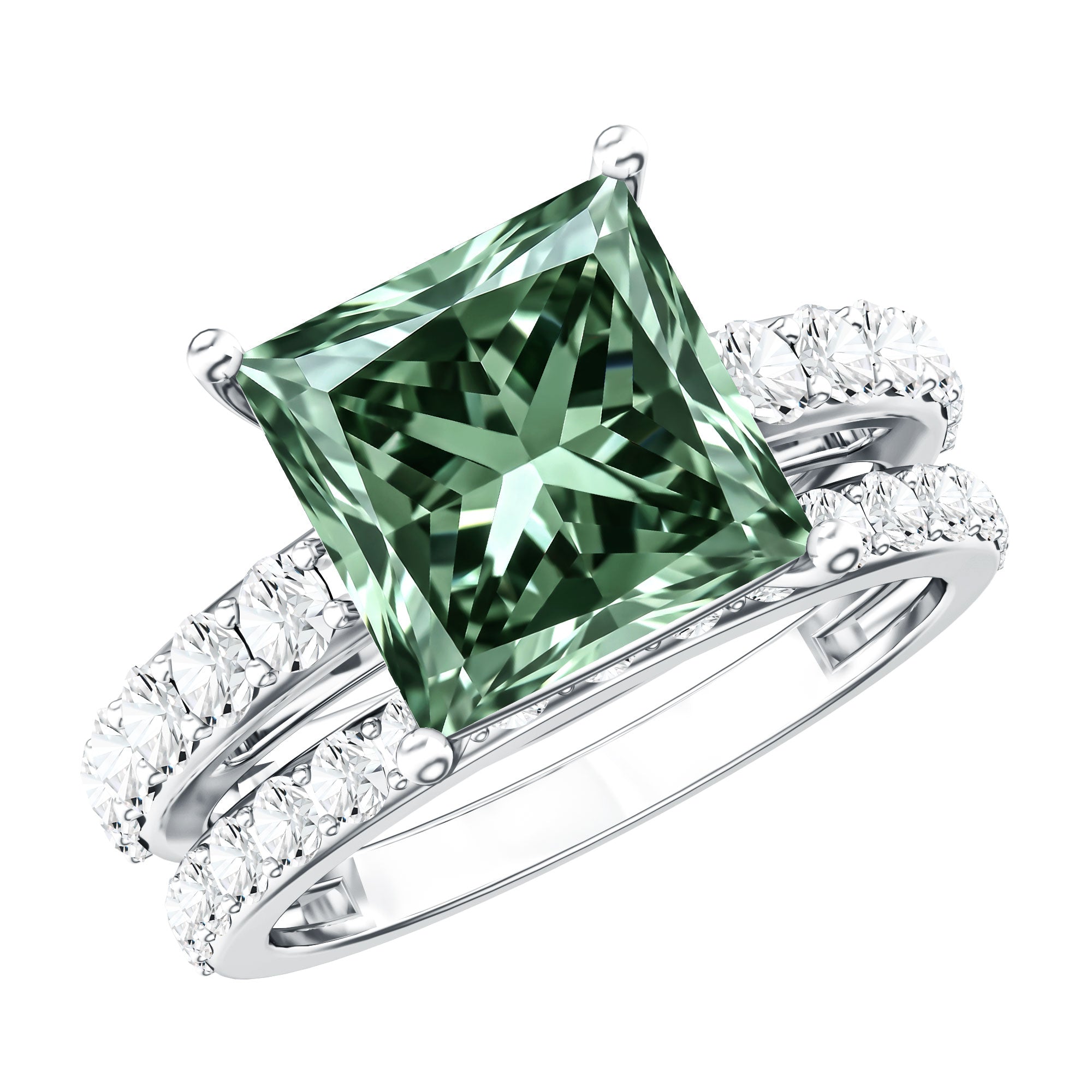 5 Carat Princess Cut Bridal Ring Set with IGI Certified Lab Grown Green Diamond Vivid Green - VS1 - Rosec Jewels