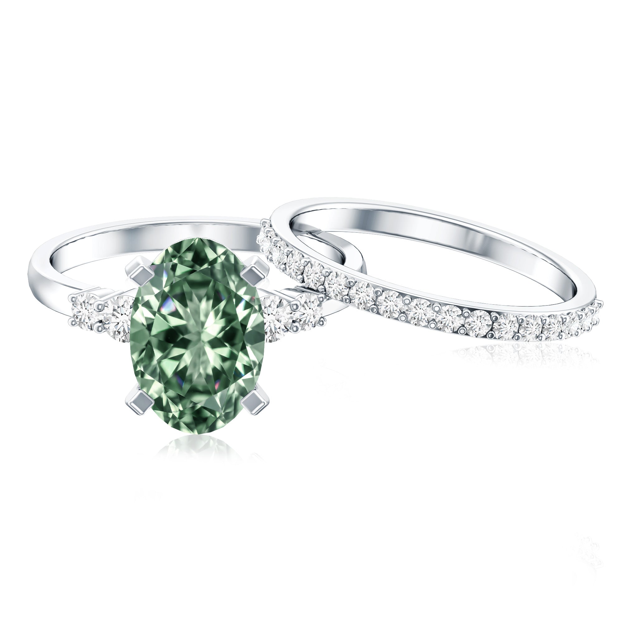 IGI Certified 3 Carat Oval Lab Grown Green Diamond Engagement Ring with Wedding Band Vivid Green - VS1 - Rosec Jewels