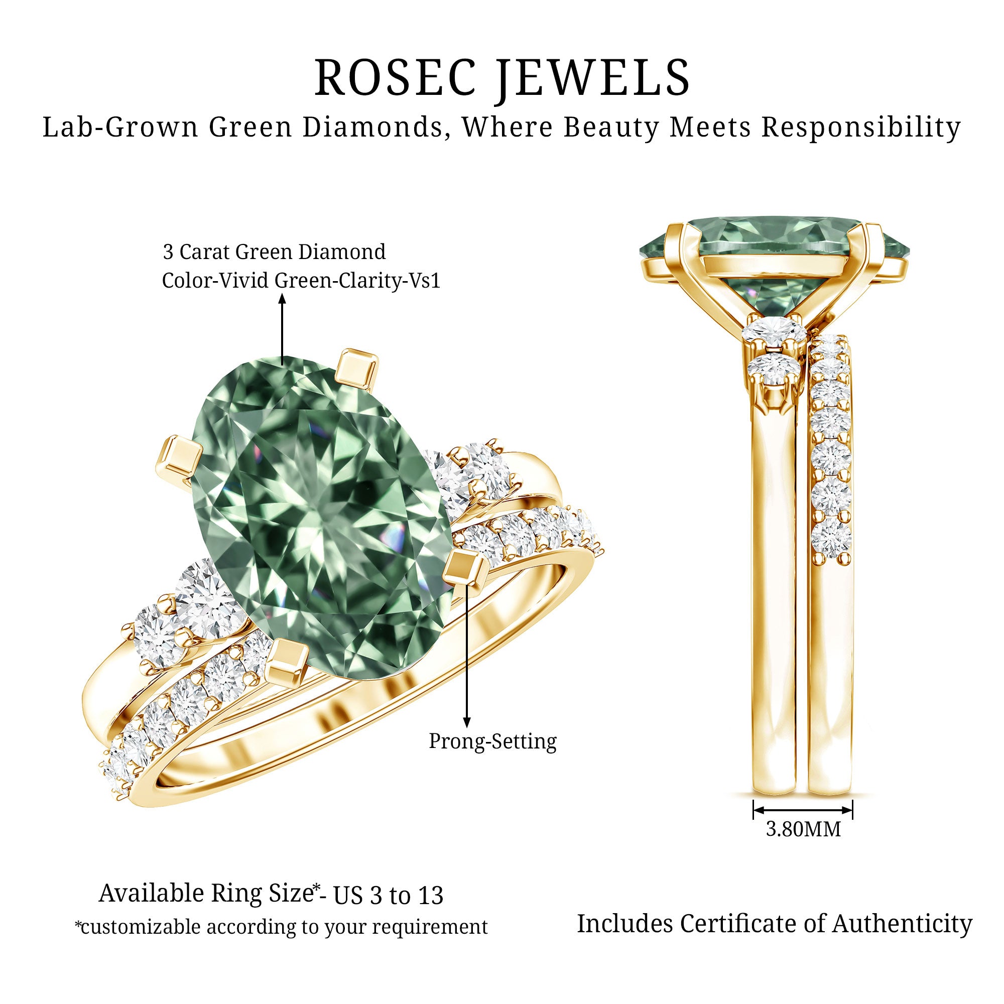 IGI Certified 3 Carat Oval Lab Grown Green Diamond Engagement Ring with Wedding Band Vivid Green - VS1 - Rosec Jewels