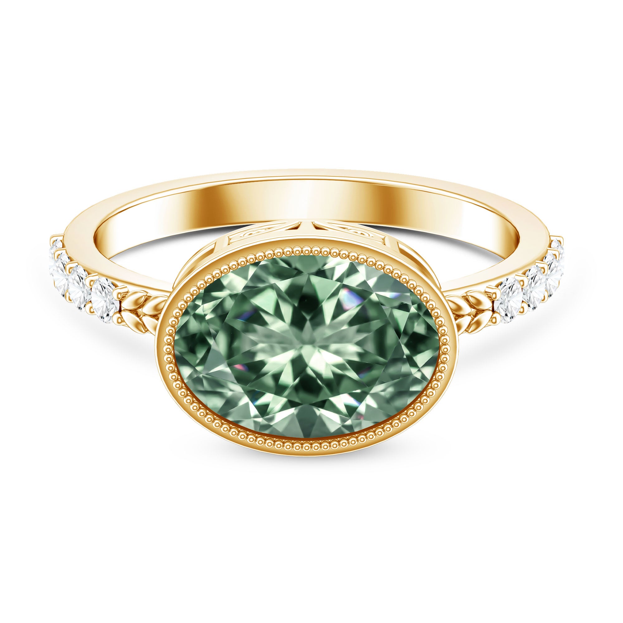 3 Carat East West Set Lab Grown Green Diamond Oval Engagement Ring IGI Certified Vivid Green - VS1 - Rosec Jewels