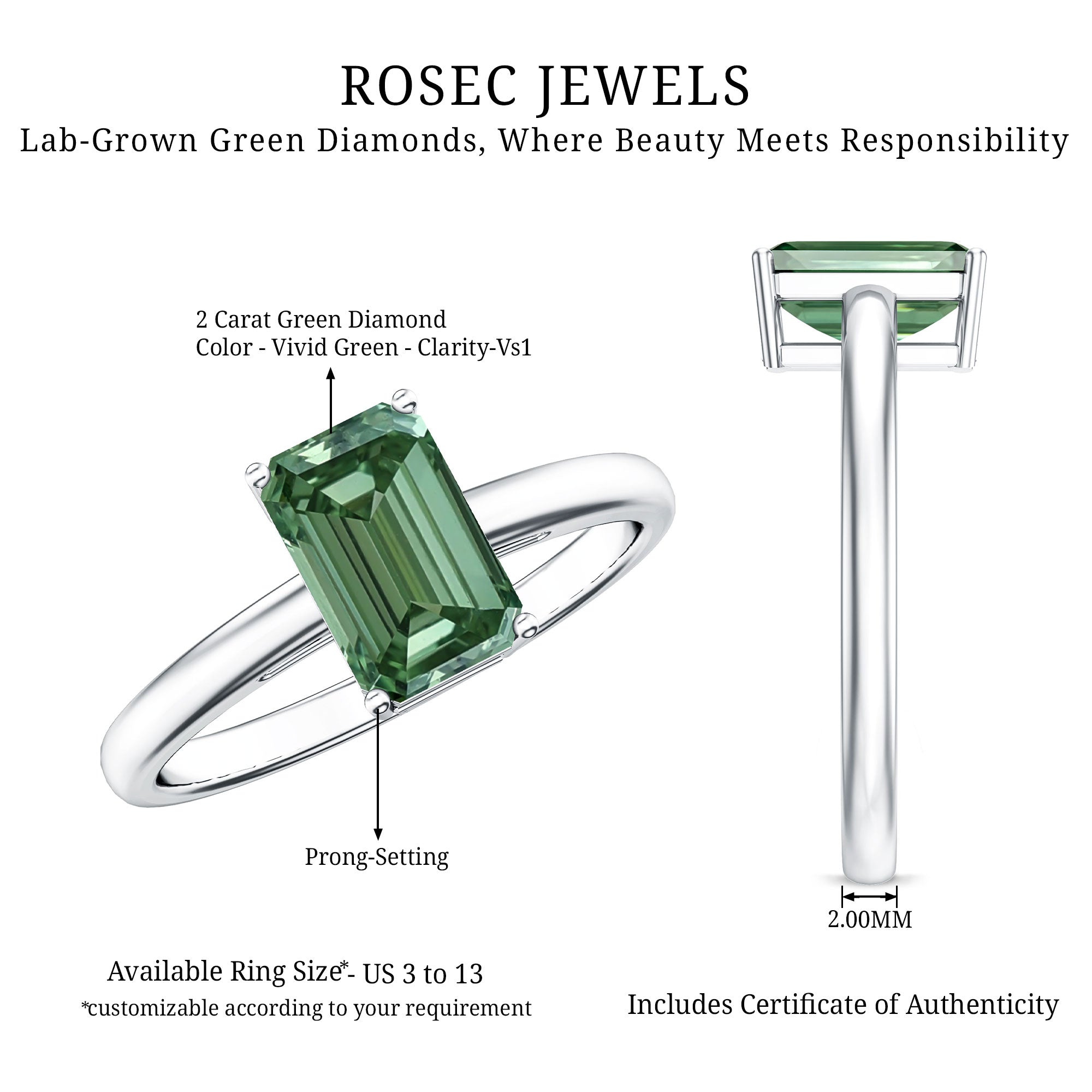 IGI Certified Solitaire Lab Grown Green Diamond Emerald Cut Engagement Ring 2 Carat Vivid Green - VS1 - Rosec Jewels