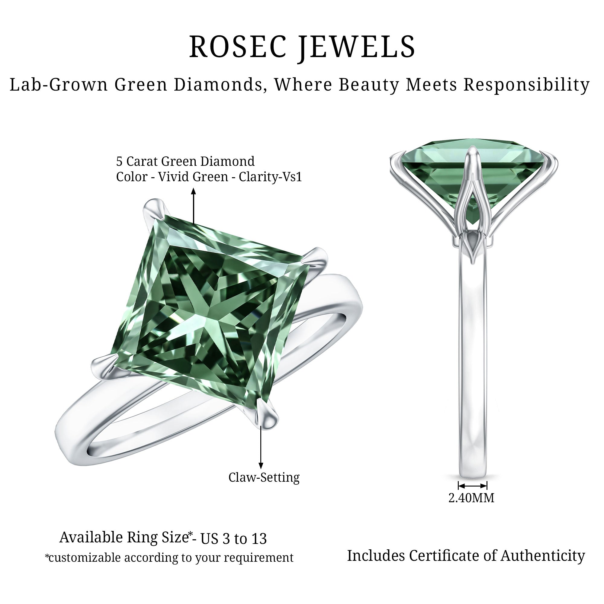Rosec Jewels-Solitaire 5 Carat Lab Grown Green Diamond Princess Cut Engagement Ring IGI Certified