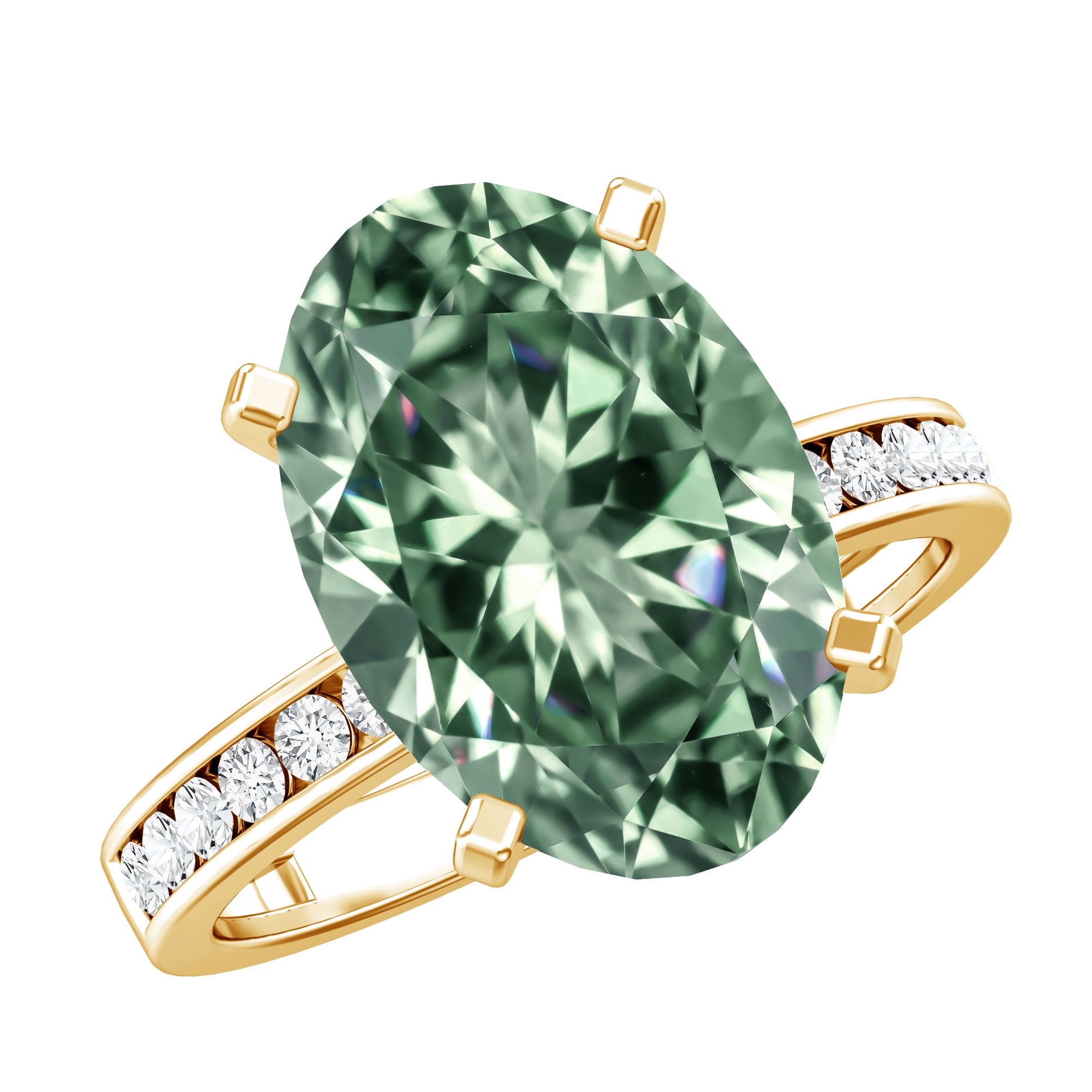 Elongated Oval Lab Grown Green Diamond 4 Carat Engagement Ring IGI Certified Vivid Green - VS1 - Rosec Jewels
