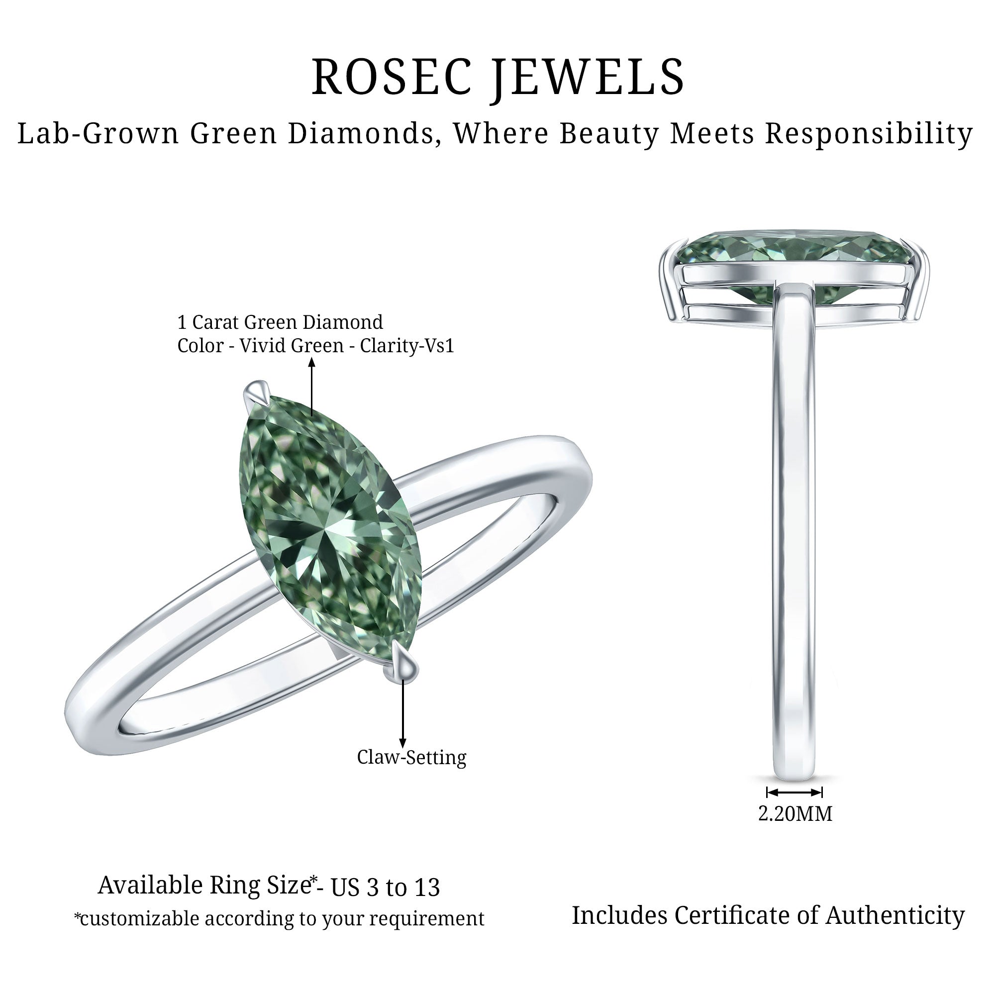 Rosec Jewels-Lab Created 1 Carat Green Diamond Marquise Cut Solitaire Engagement Ring IGI Certified