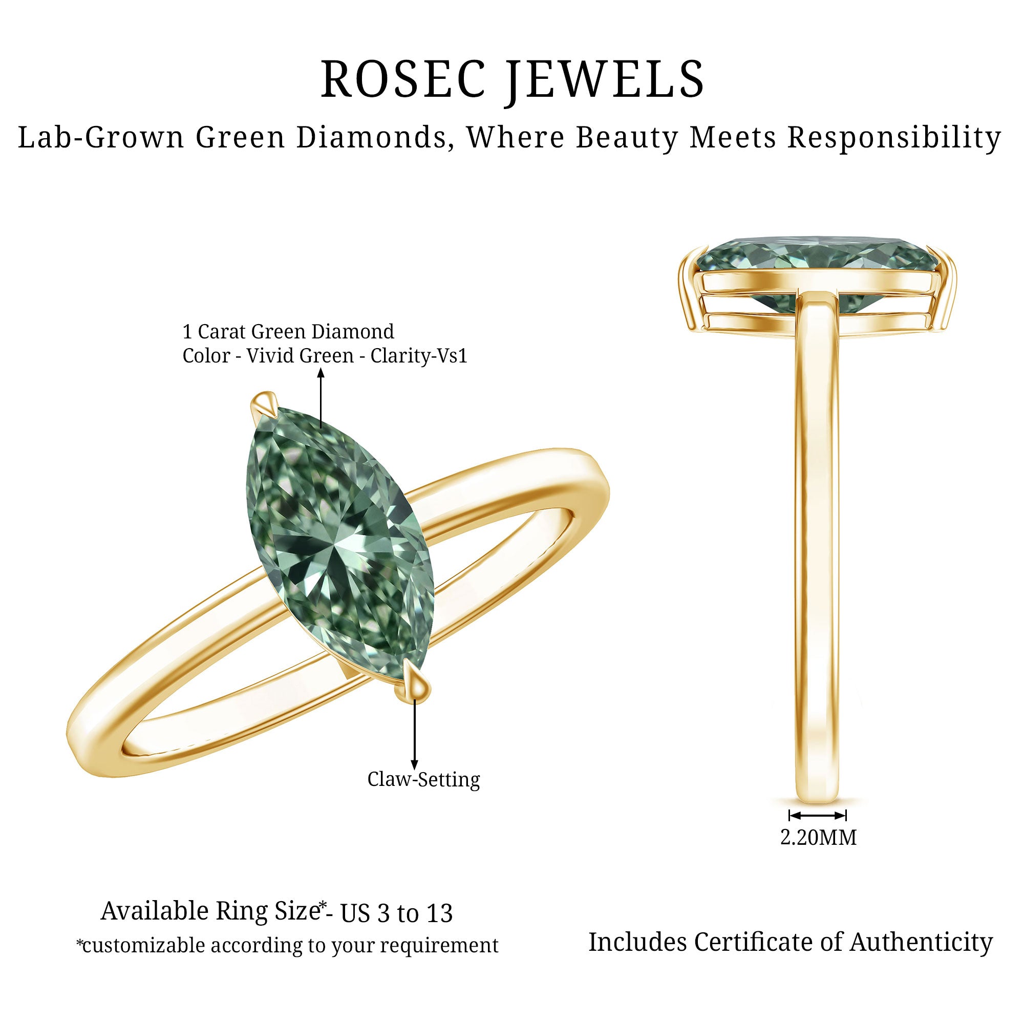 Rosec Jewels-Lab Created 1 Carat Green Diamond Marquise Cut Solitaire Engagement Ring IGI Certified