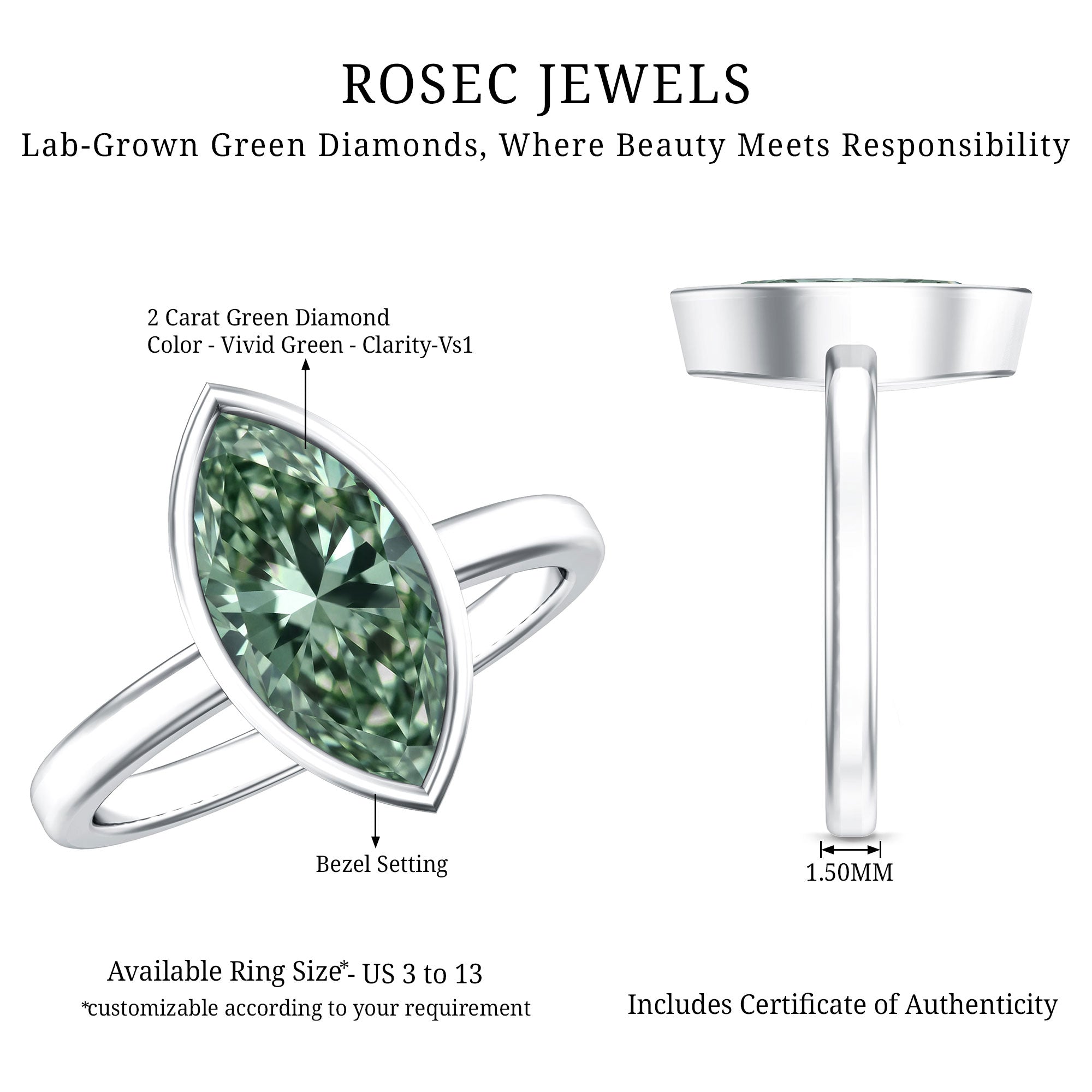 Rosec Jewels-2 Carat Marquise Cut Engagement Ring with IGI Certified Lab Grown Green Diamond