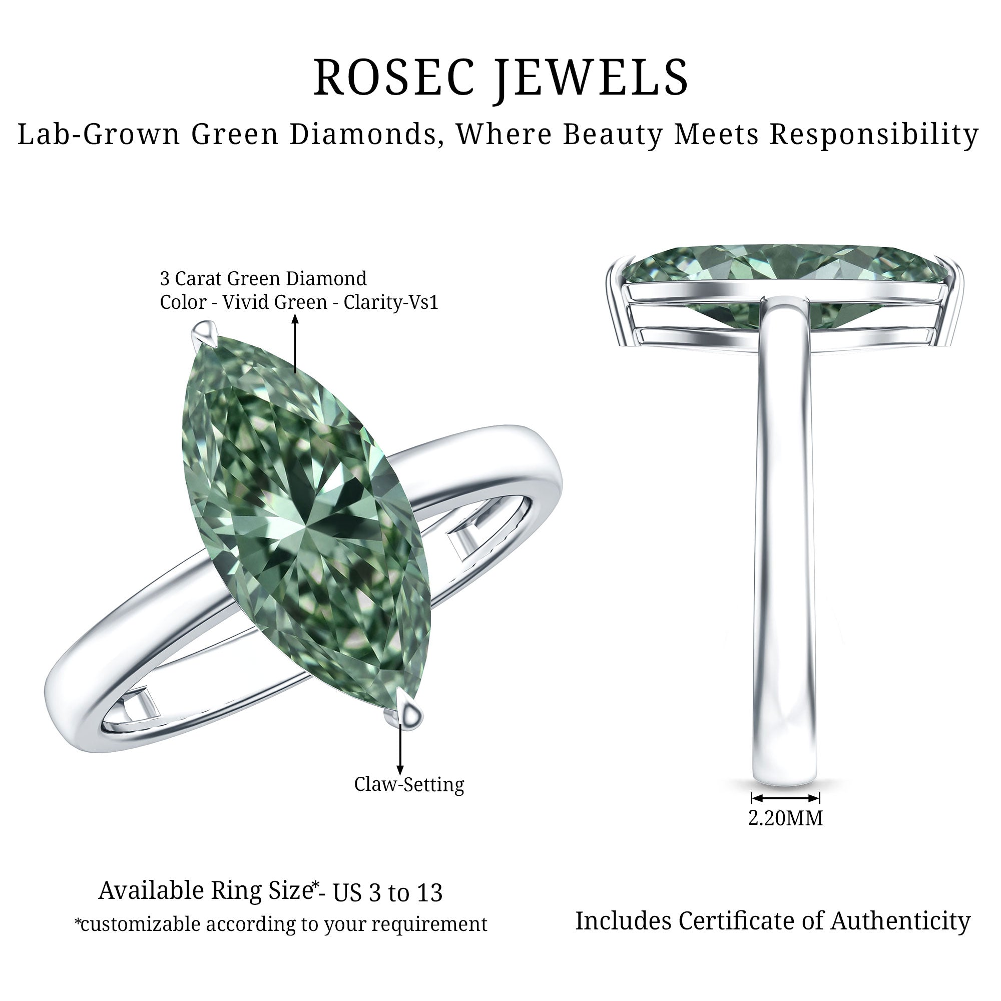 Rosec Jewels-3 Carat Marquise Cut Lab Grown Green Diamond Solitaire Engagement Ring IGI Certified