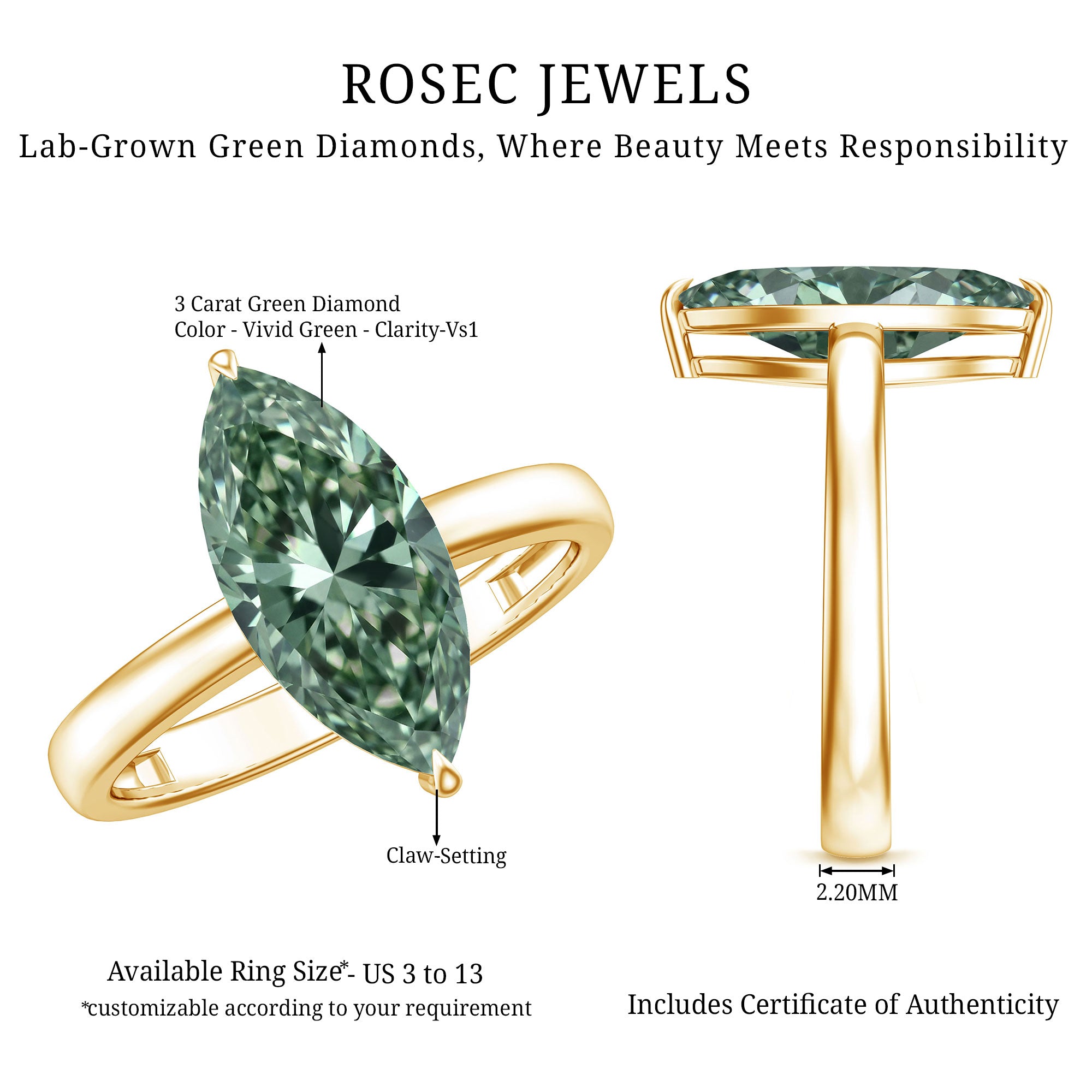 Rosec Jewels-3 Carat Marquise Cut Lab Grown Green Diamond Solitaire Engagement Ring IGI Certified