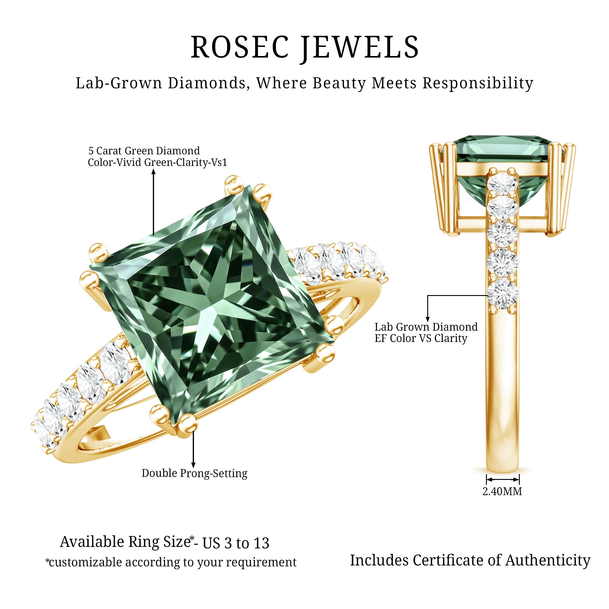 Rosec Jewels-5 Carat Princess Cut Lab Grown Green Diamond Big Engagement Ring with IGI Certificate
