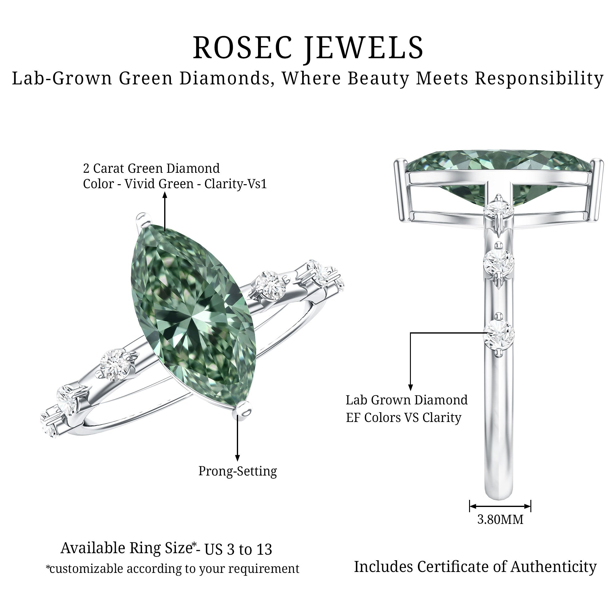 Rosec Jewels-Marquise Cut 2 Carat Lab Grown Green Diamond Solitaire Engagement Ring IGI Certified