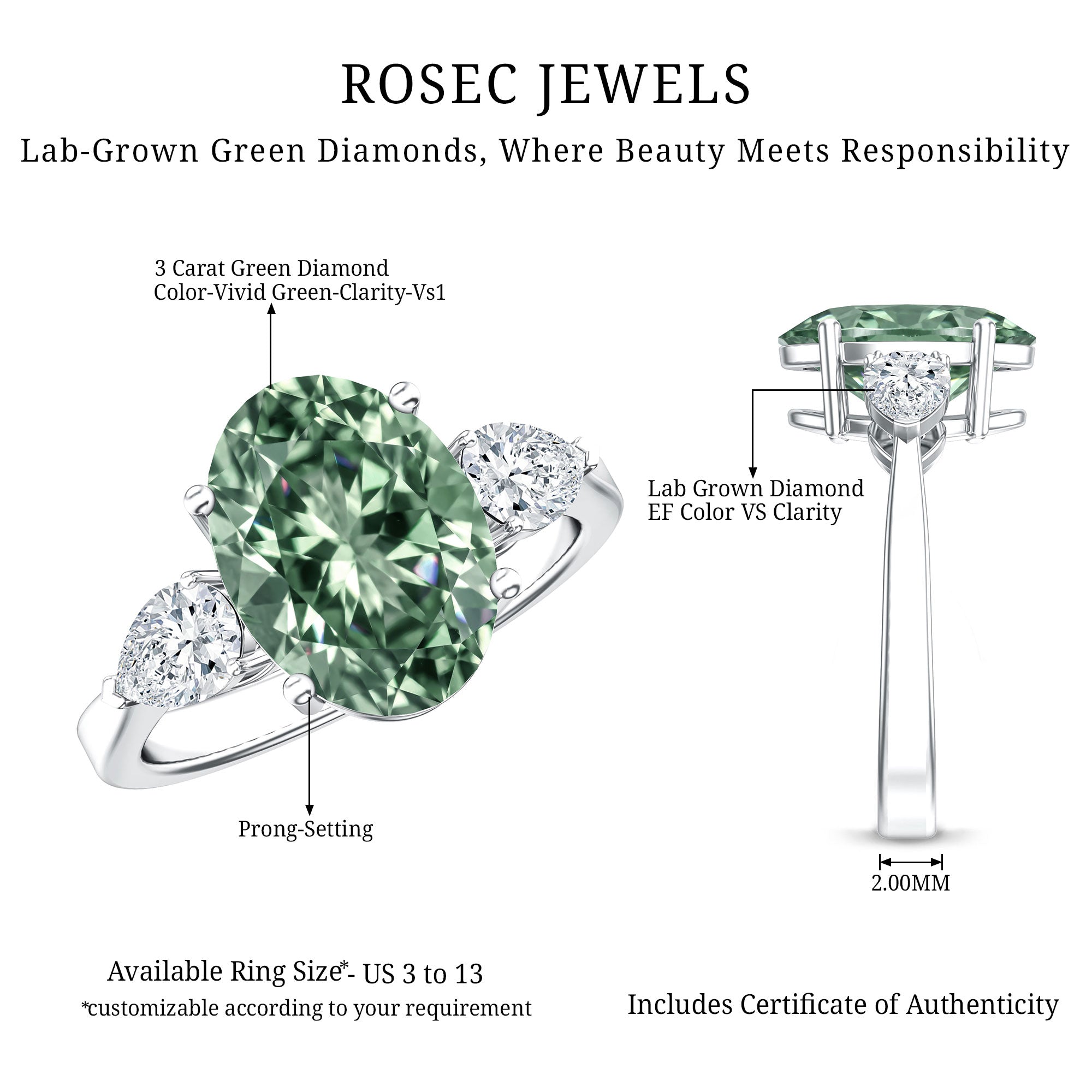 Rosec Jewels-Lab Grown 3 Carat Green Diamond Past Present Future Ring with IGI Certificate