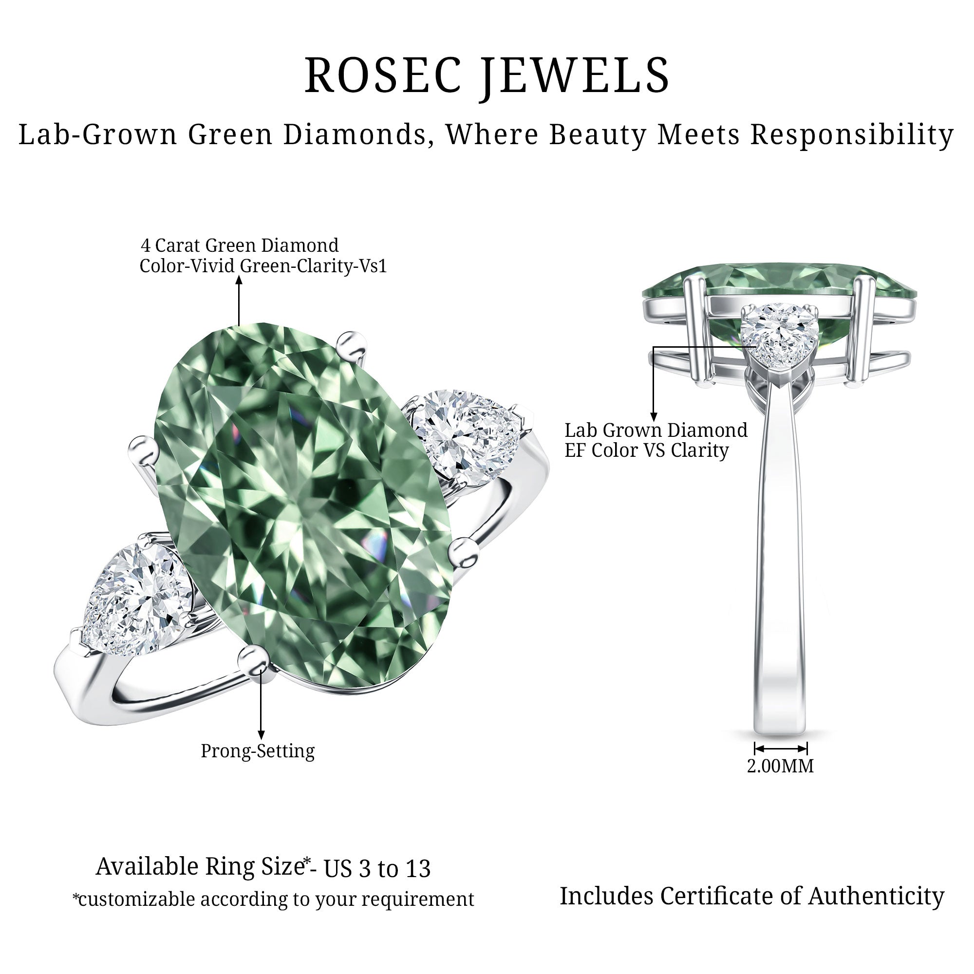 Rosec Jewels-4 Carat Lab Grown Green Diamond Large Engagement Ring with IGI Certificate