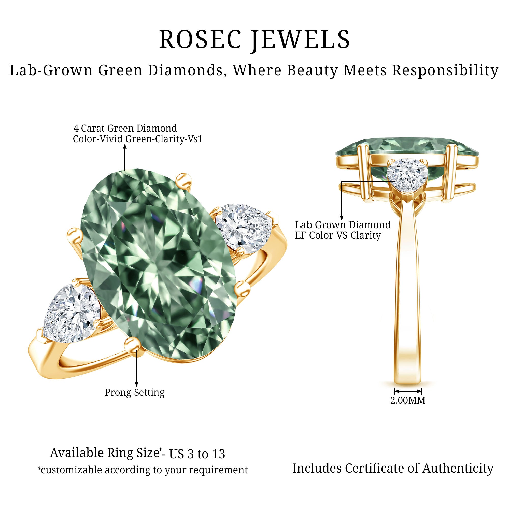 Rosec Jewels-4 Carat Lab Grown Green Diamond Large Engagement Ring with IGI Certificate