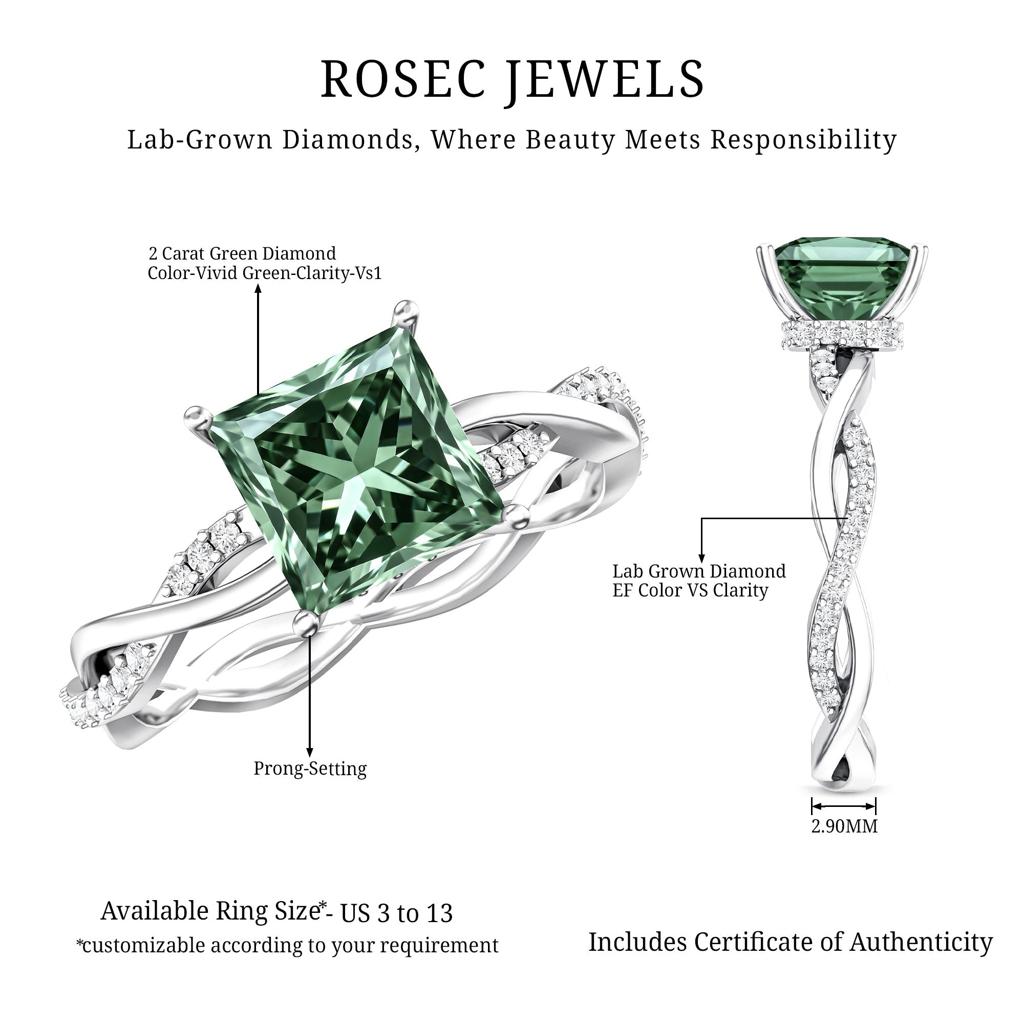 Rosec Jewels-IGI Certified 2 Carat Princess Cut Lab Green Diamond Braided Engagement Ring for Women