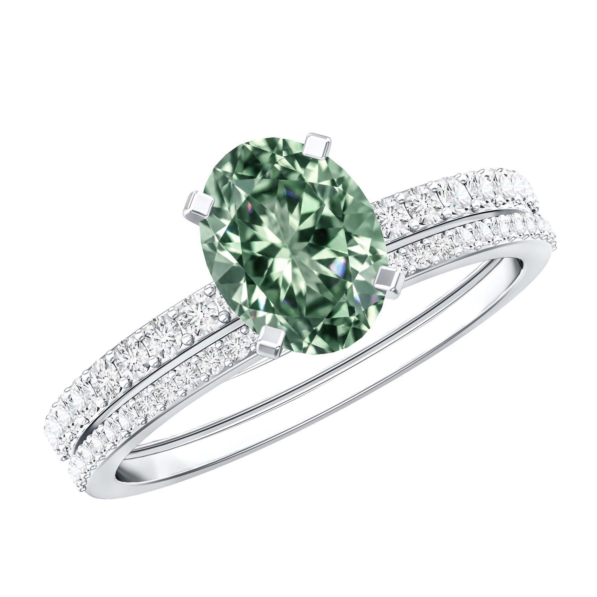 IGI Certified 1 Carat Lab Created Green Diamond Oval Engagement Ring Set Vivid Green - VS1 - Rosec Jewels