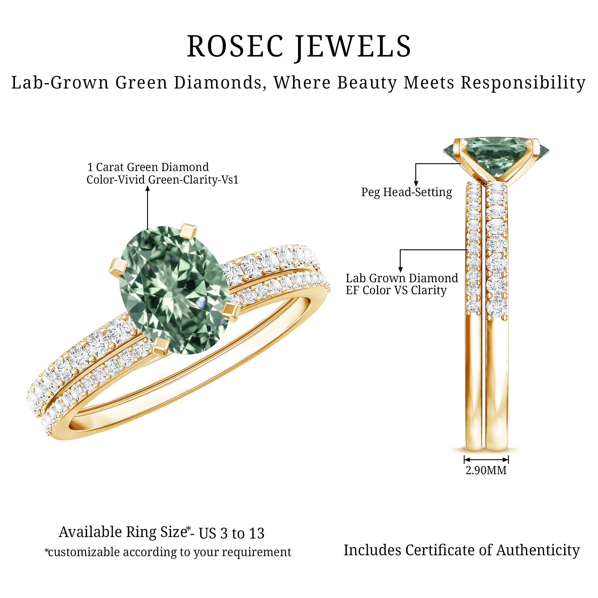 IGI Certified 1 Carat Lab Created Green Diamond Oval Engagement Ring Set Vivid Green - VS1 - Rosec Jewels