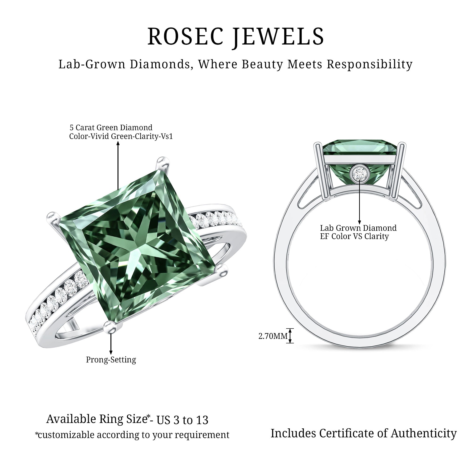 Rosec Jewels-Princess Cut Lab Grown Green Diamond 5 Carat Engagement Ring IGI Certified