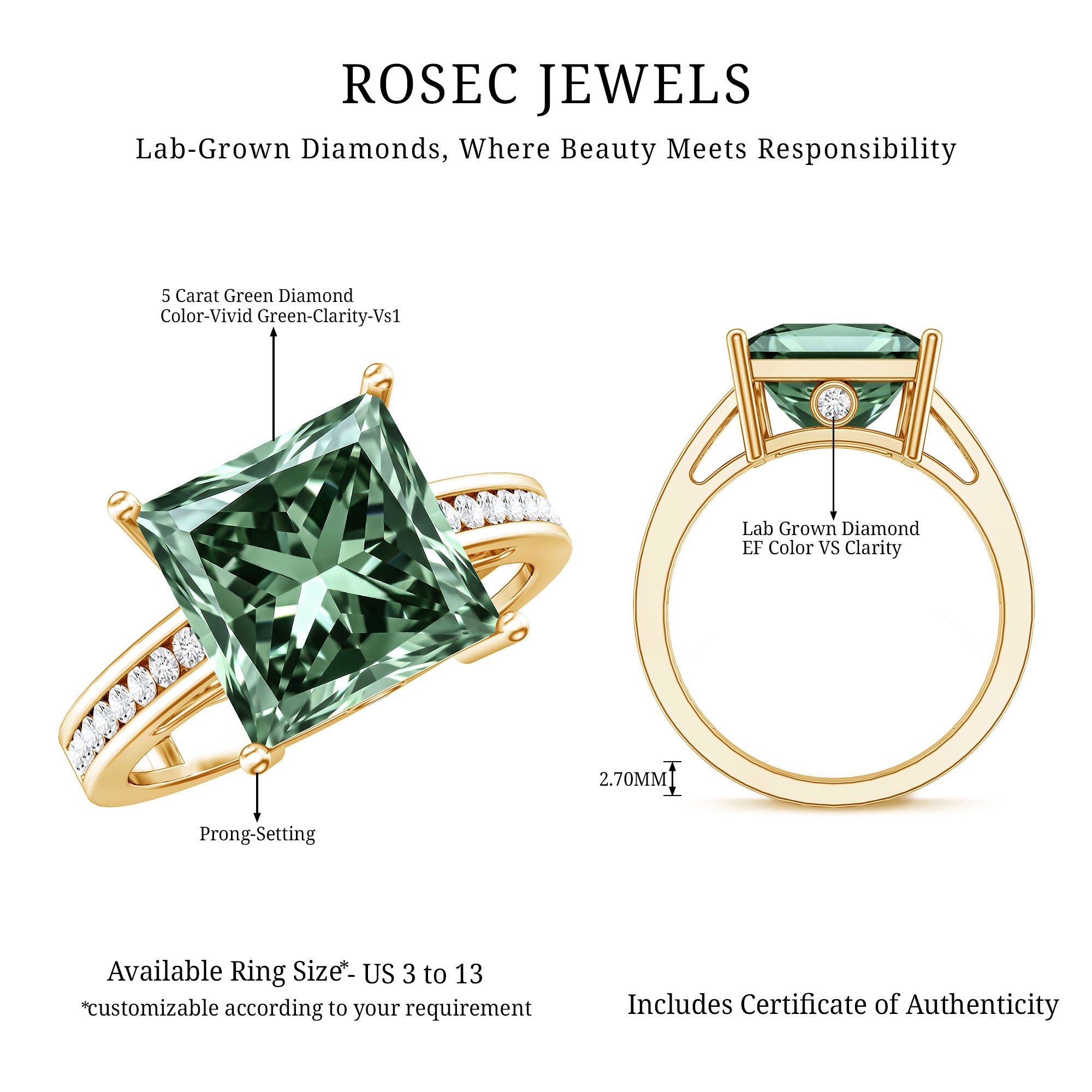 Rosec Jewels-Princess Cut Lab Grown Green Diamond 5 Carat Engagement Ring IGI Certified