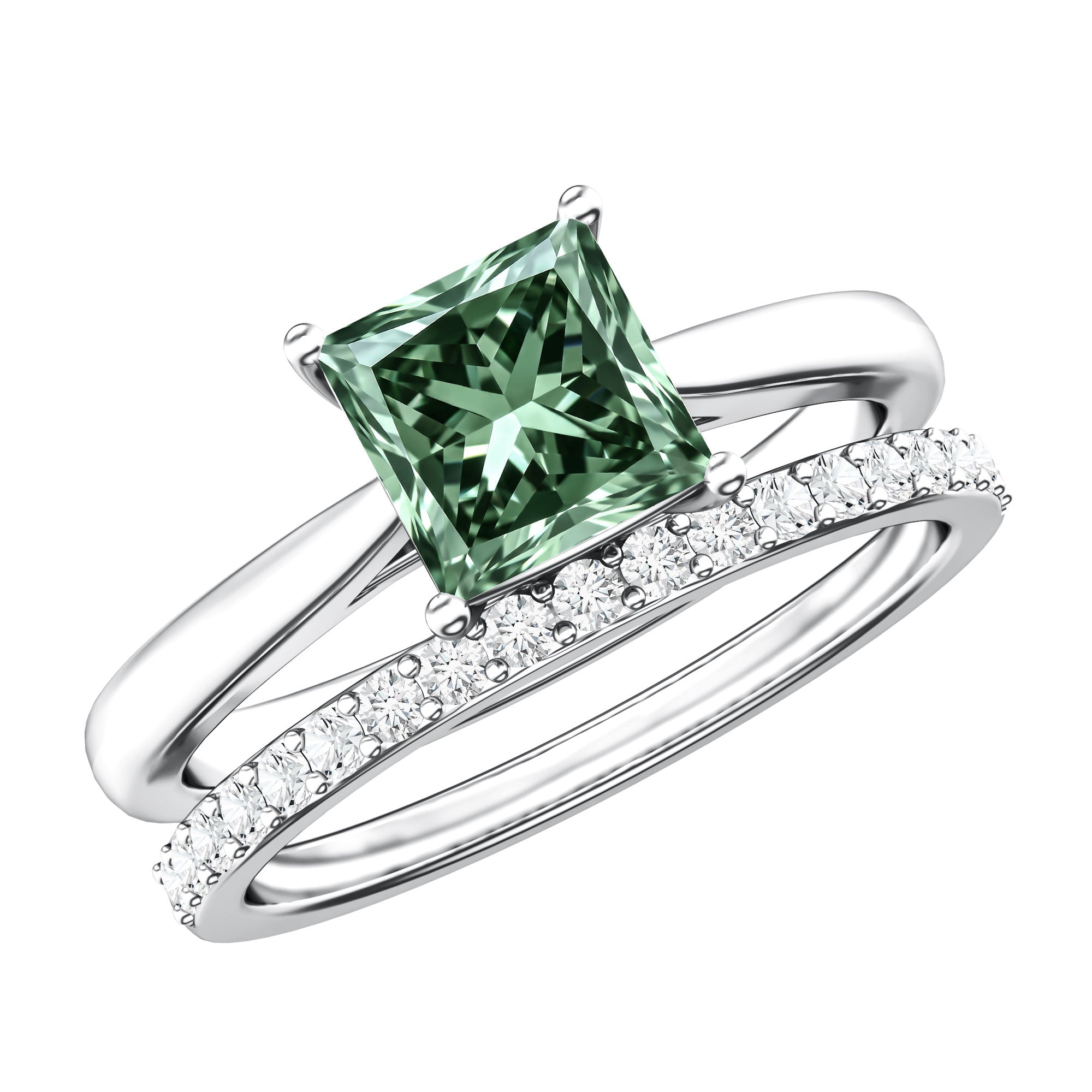 Rosec Jewels-2 Carat Princess Cut Lab Grown Green and White Diamond Wedding Ring Set for Women
