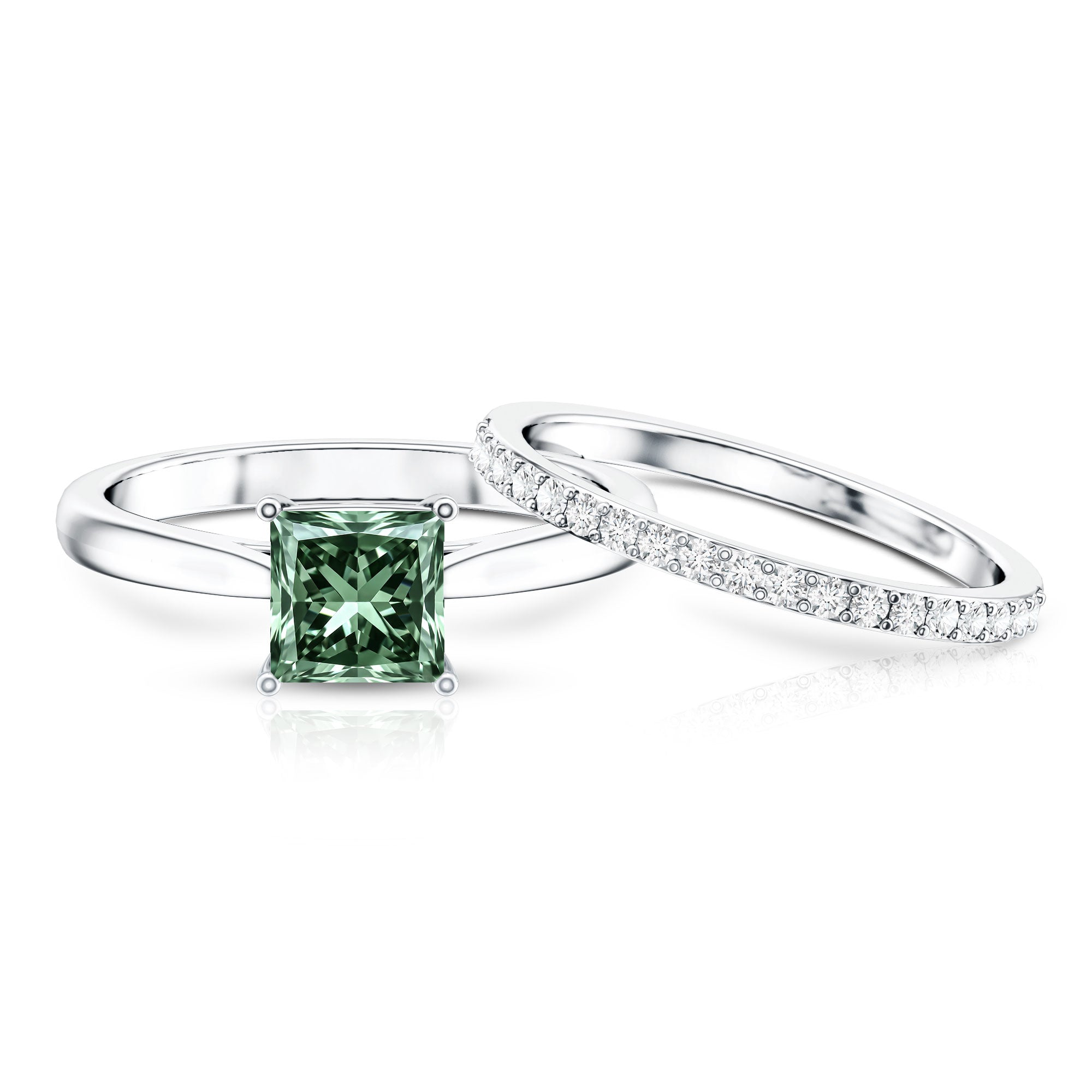 Rosec Jewels-2 Carat Princess Cut Lab Grown Green and White Diamond Wedding Ring Set for Women