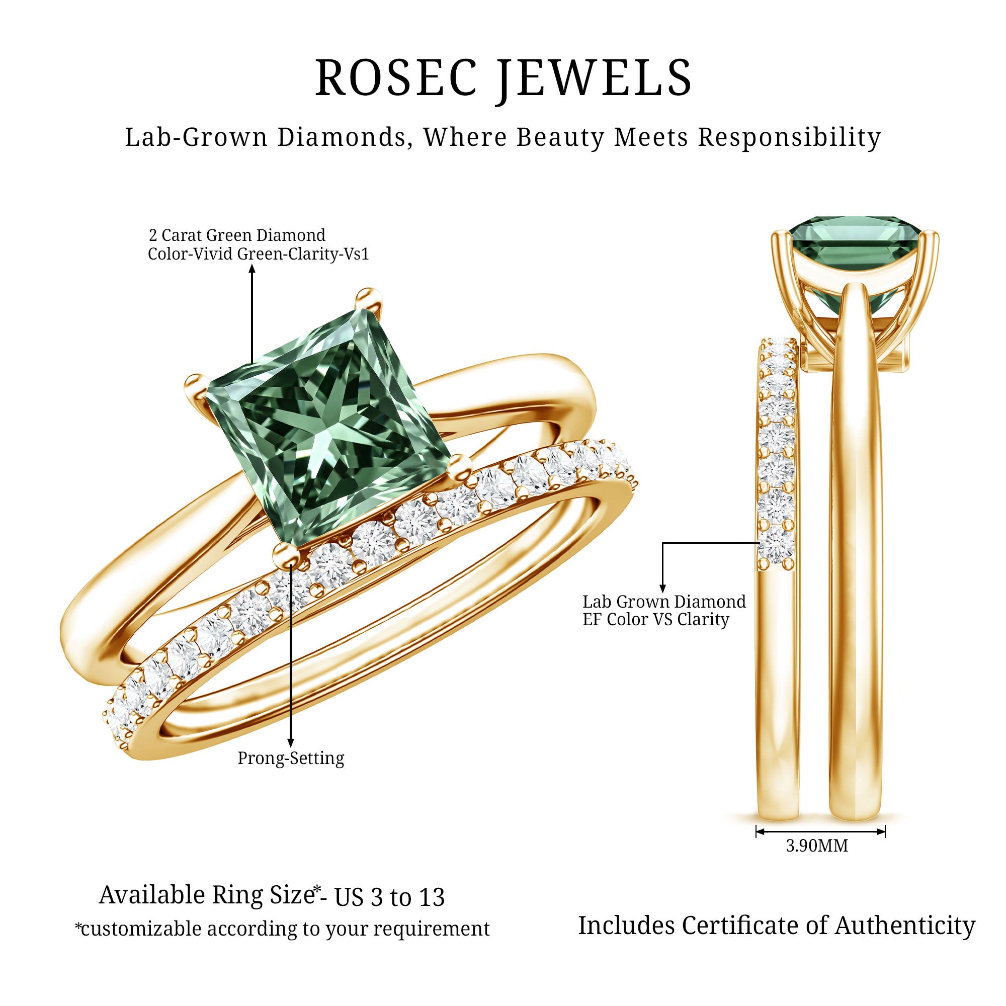 Rosec Jewels-2 Carat Princess Cut Lab Grown Green and White Diamond Wedding Ring Set for Women