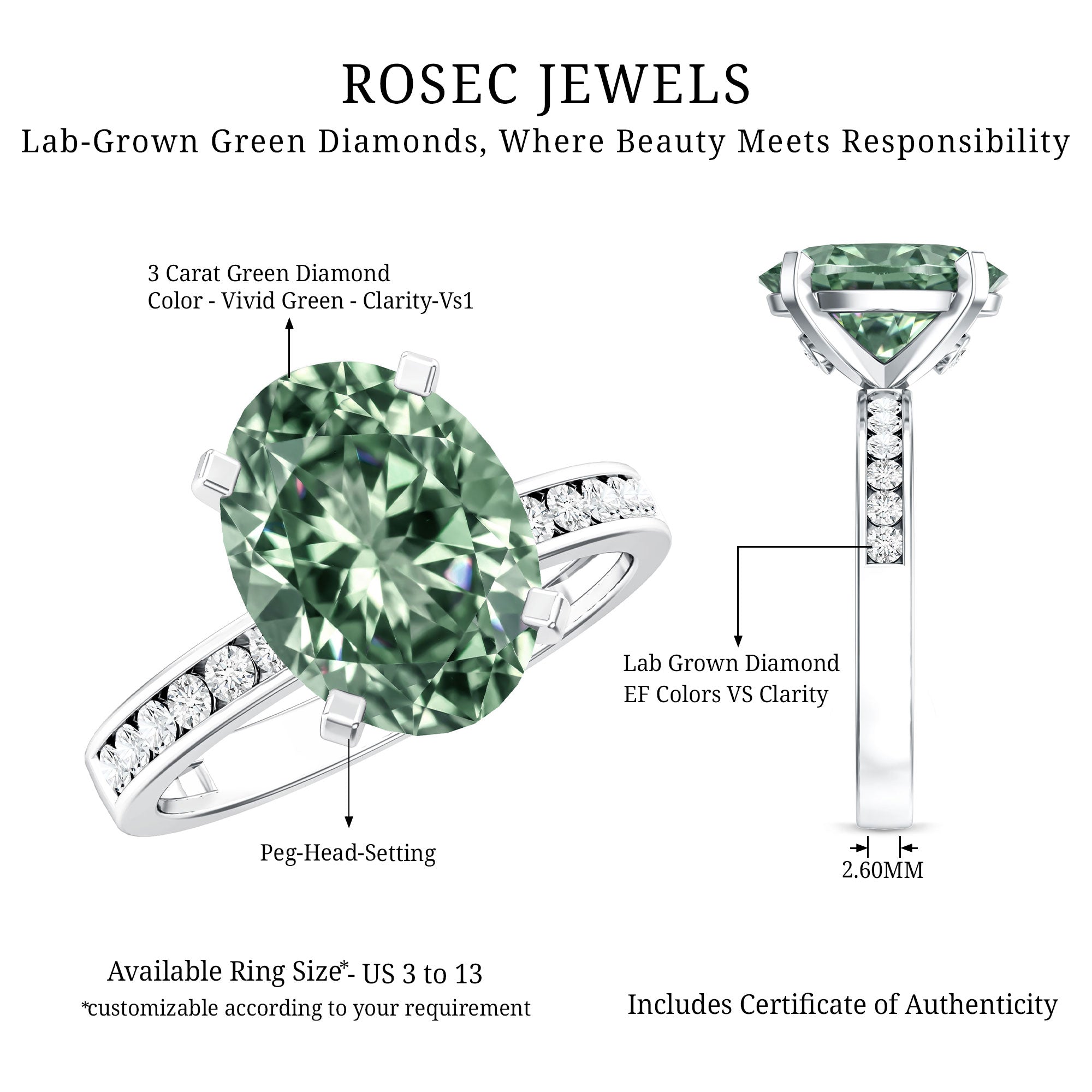 3 Carat Lab Grown Green Diamond Solitaire Oval Engagement Ring IGI Certified Vivid Green - VS1 - Rosec Jewels