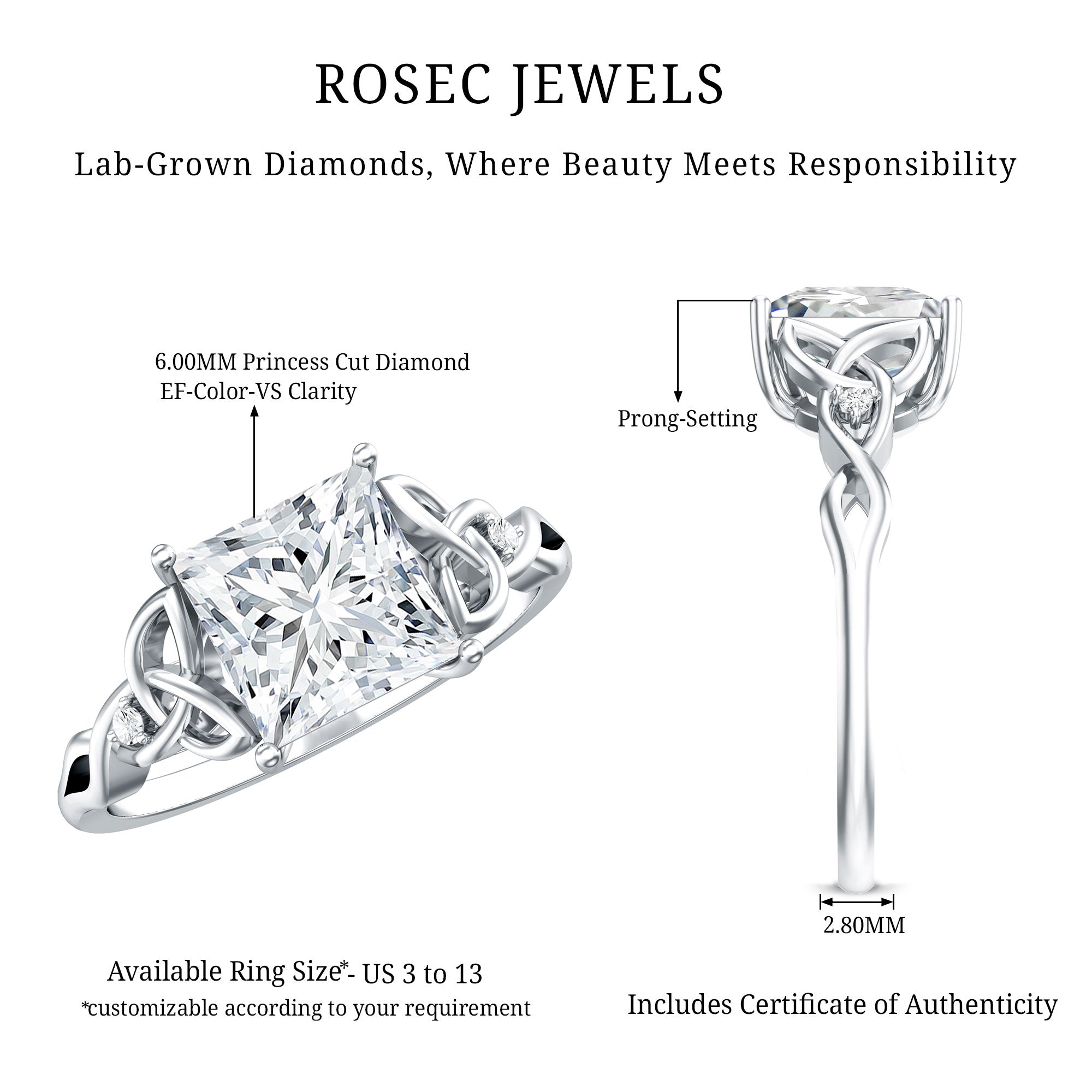 IGI Certified Lab Grown Diamond 3 Carat Princess Cut Engagement Ring with Celtic Knot Lab - ( E-VS1 ) - Rosec Jewels