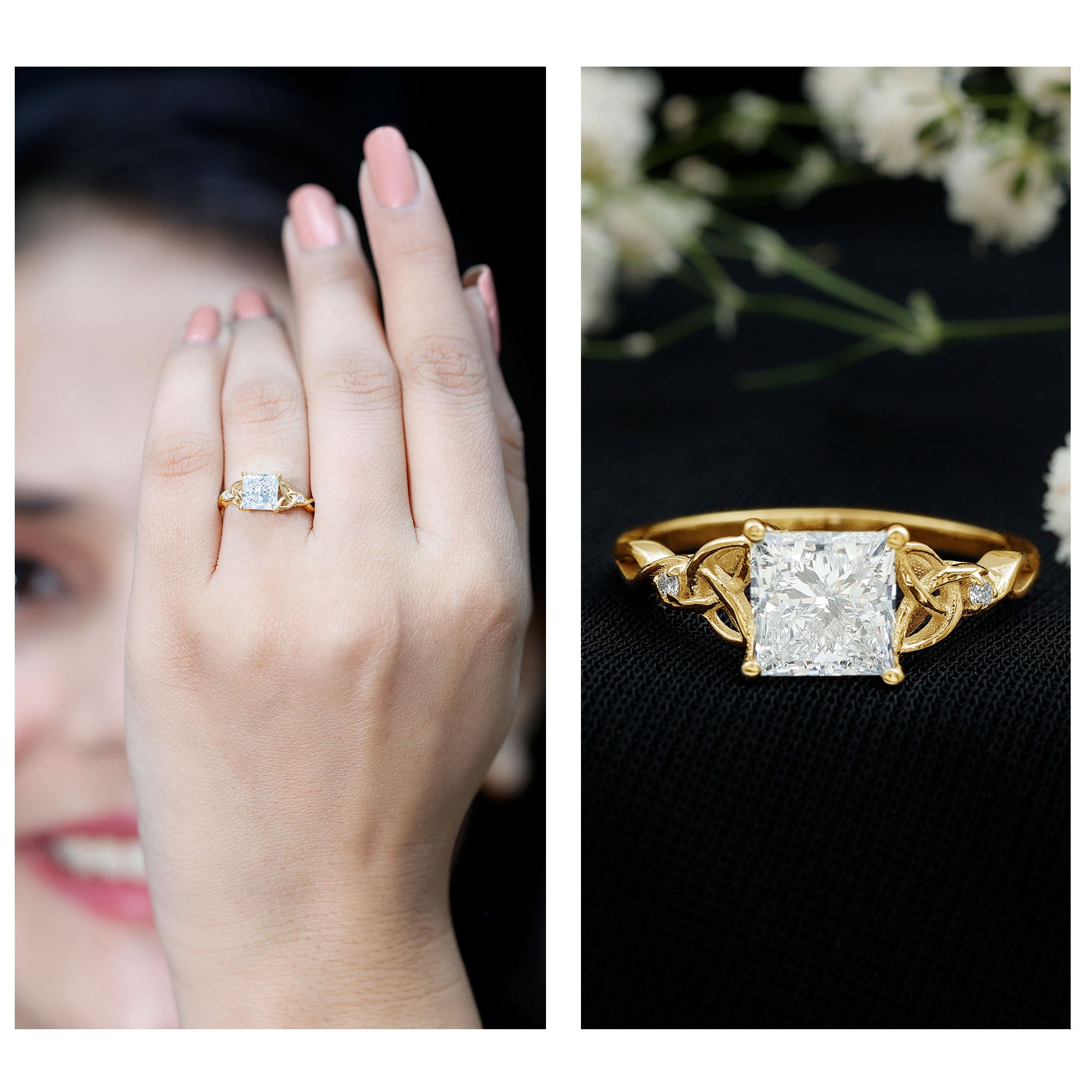 IGI Certified Lab Grown Diamond 3 Carat Princess Cut Engagement Ring with Celtic Knot Lab - ( E-VS1 ) - Rosec Jewels