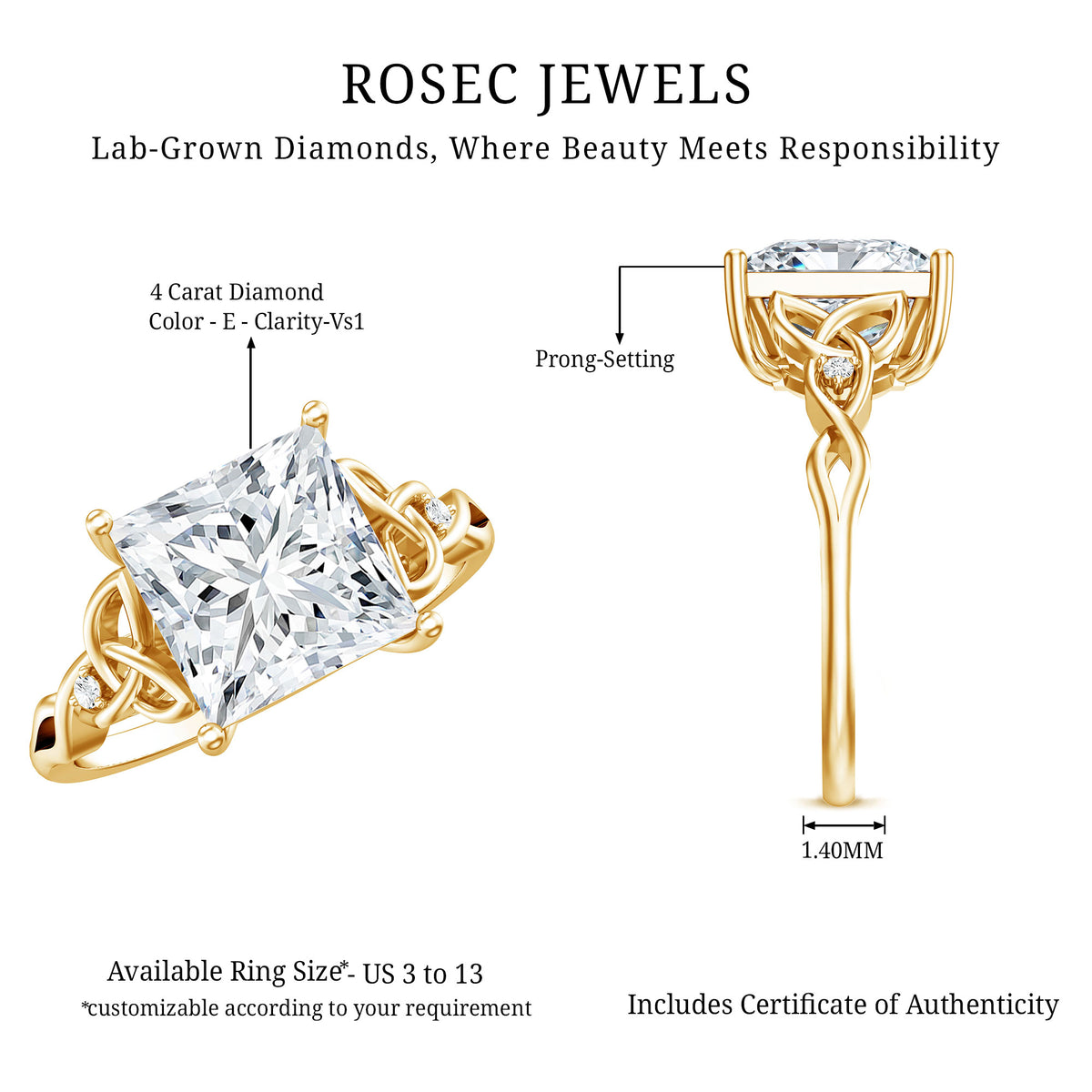 Rosec Jewels-4 Carat Princess Cut Lab Grown Diamond Celtic Engagement Ring with IGI Certificate