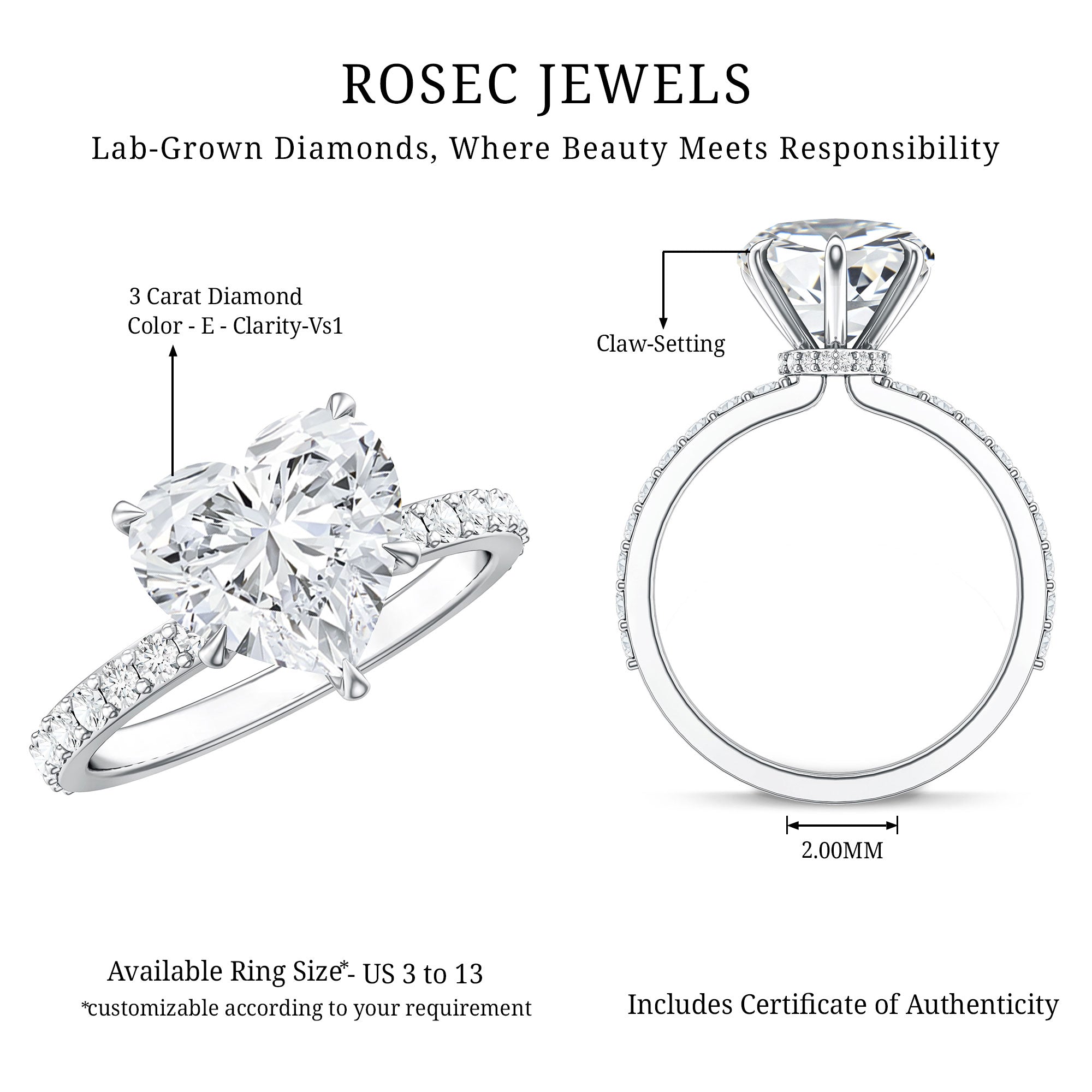 Rosec Jewels-Heart Shaped Lab Grown Diamond 3 Carat Solitaire Engagement Ring with IGI Certificate