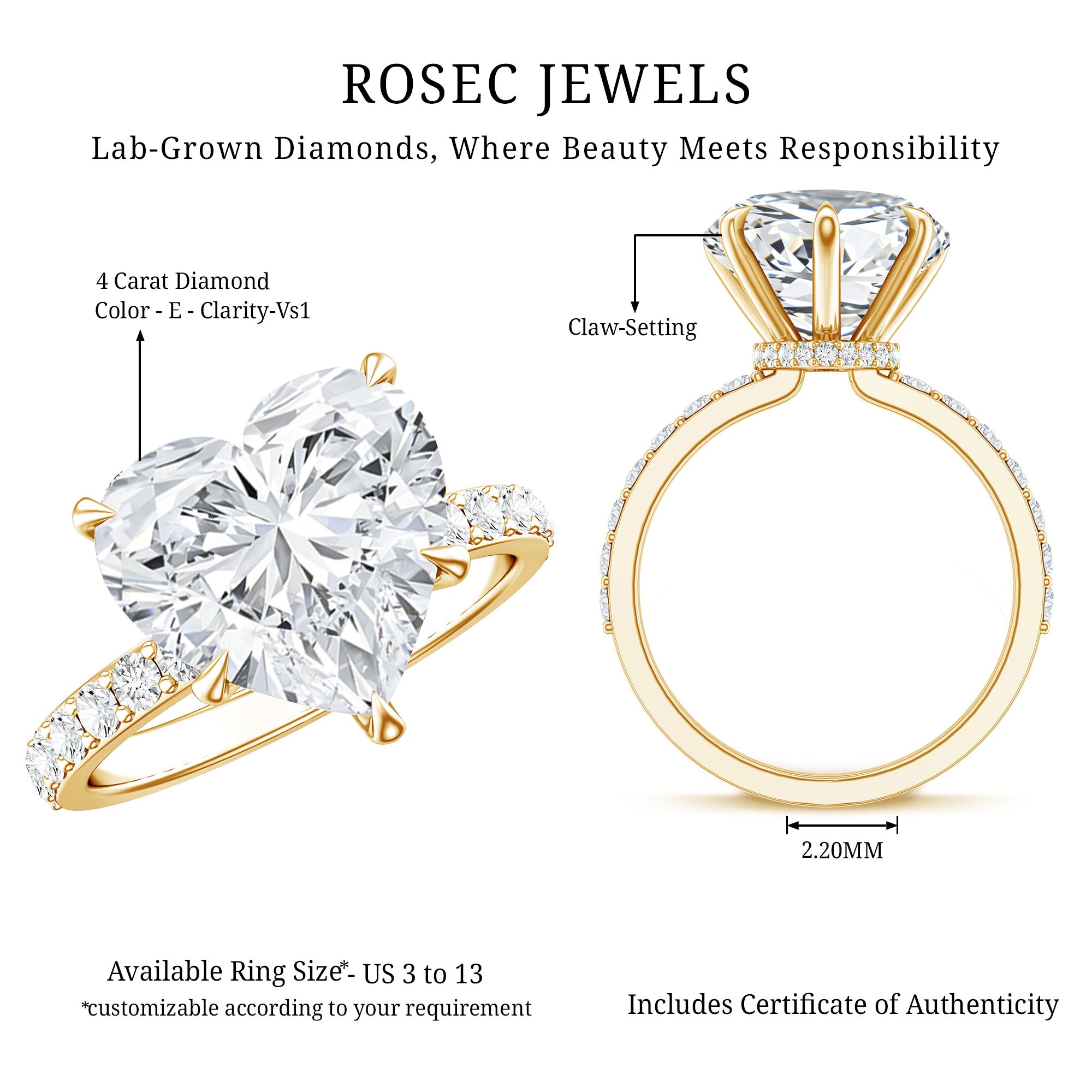 Rosec Jewels-Solitaire Heart Engagement Ring with 5 Carat IGI Certified Lab Grown Diamond