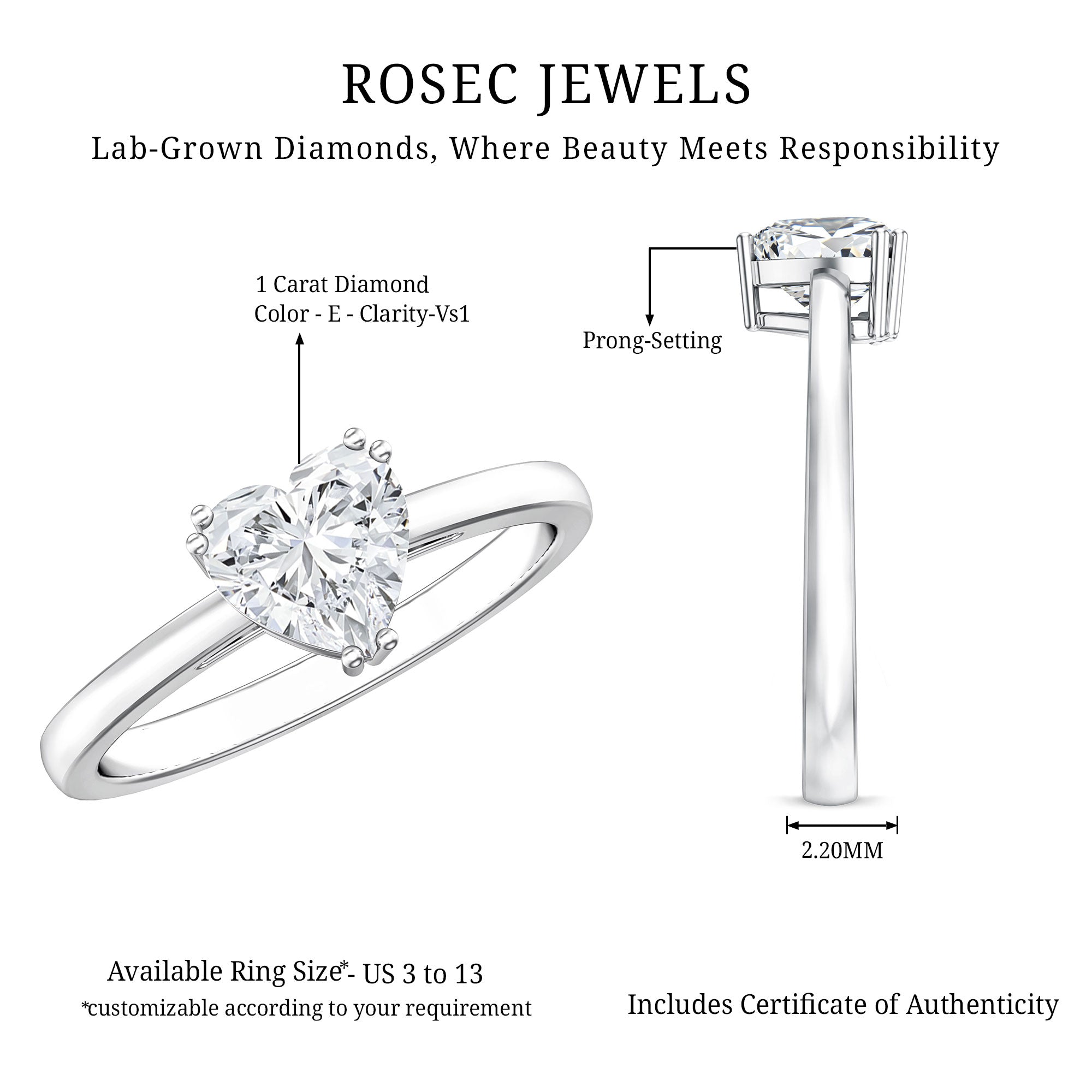 Rosec Jewels-1 Carat Lab Grown Solitaire Diamond Heart Engagement Ring IGI Certified