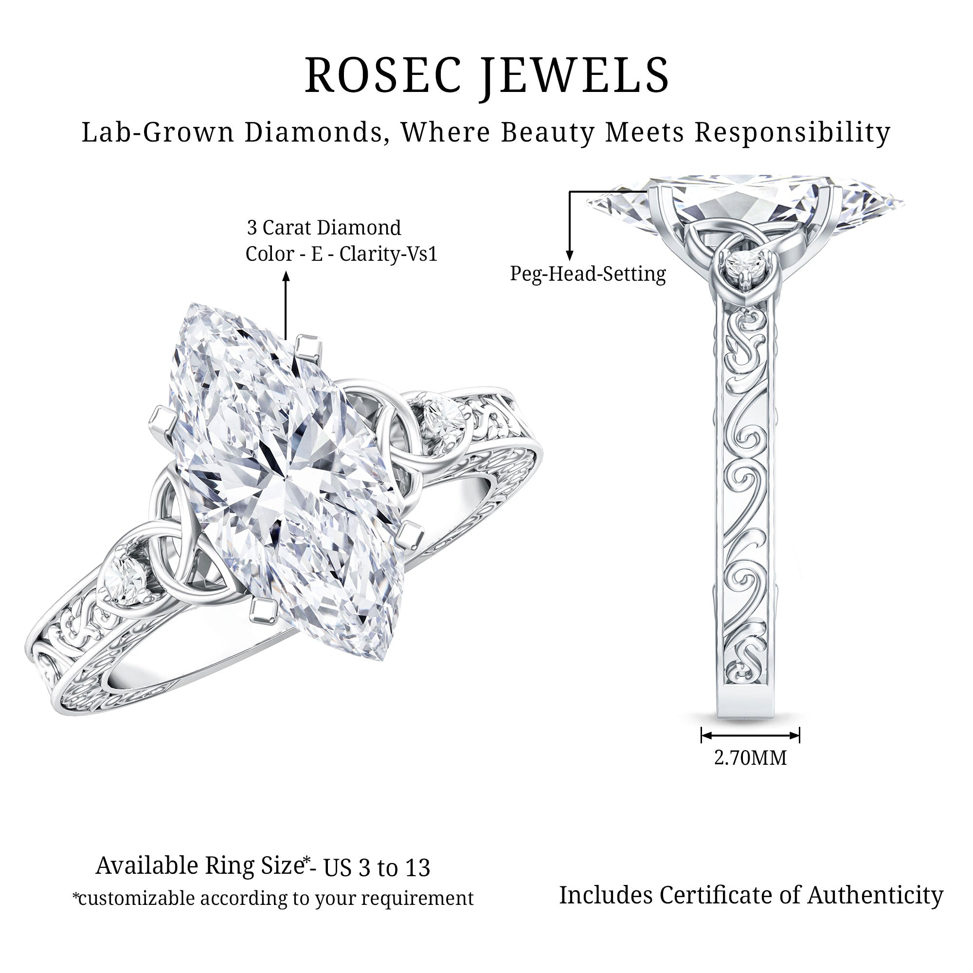 Rosec Jewels-Antique Looking 3 Carat Marquise Lab Diamond Celtic Knot Engagement Ring IGI Certified